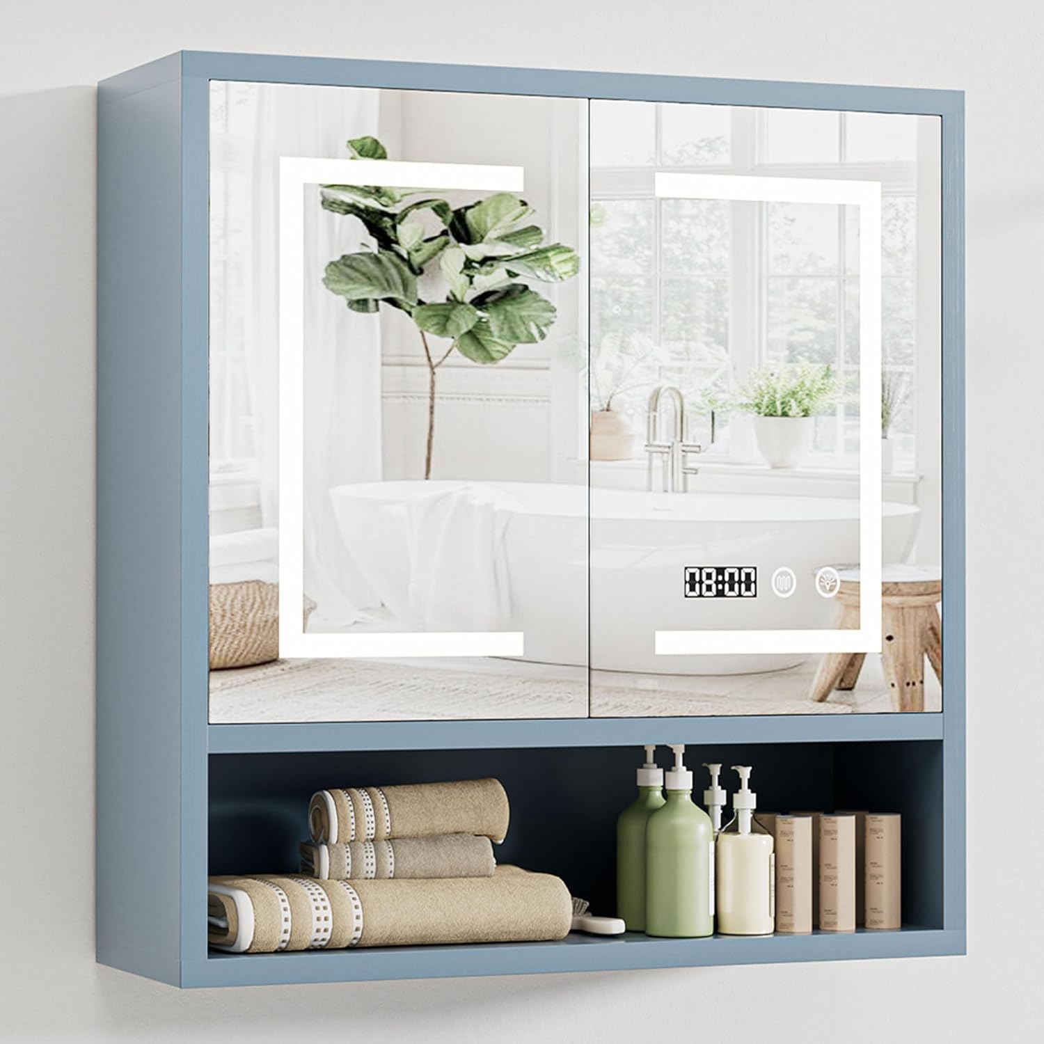 Bathroom Medicine Cabinet with Mirror, Lighted Storage Cabinet Wall Mounted with Doors & Adjustable Wood Shelf, Modern Bathroom Mirror with LED Lights Defogger for Makeup Laundry/Living Room, Grey