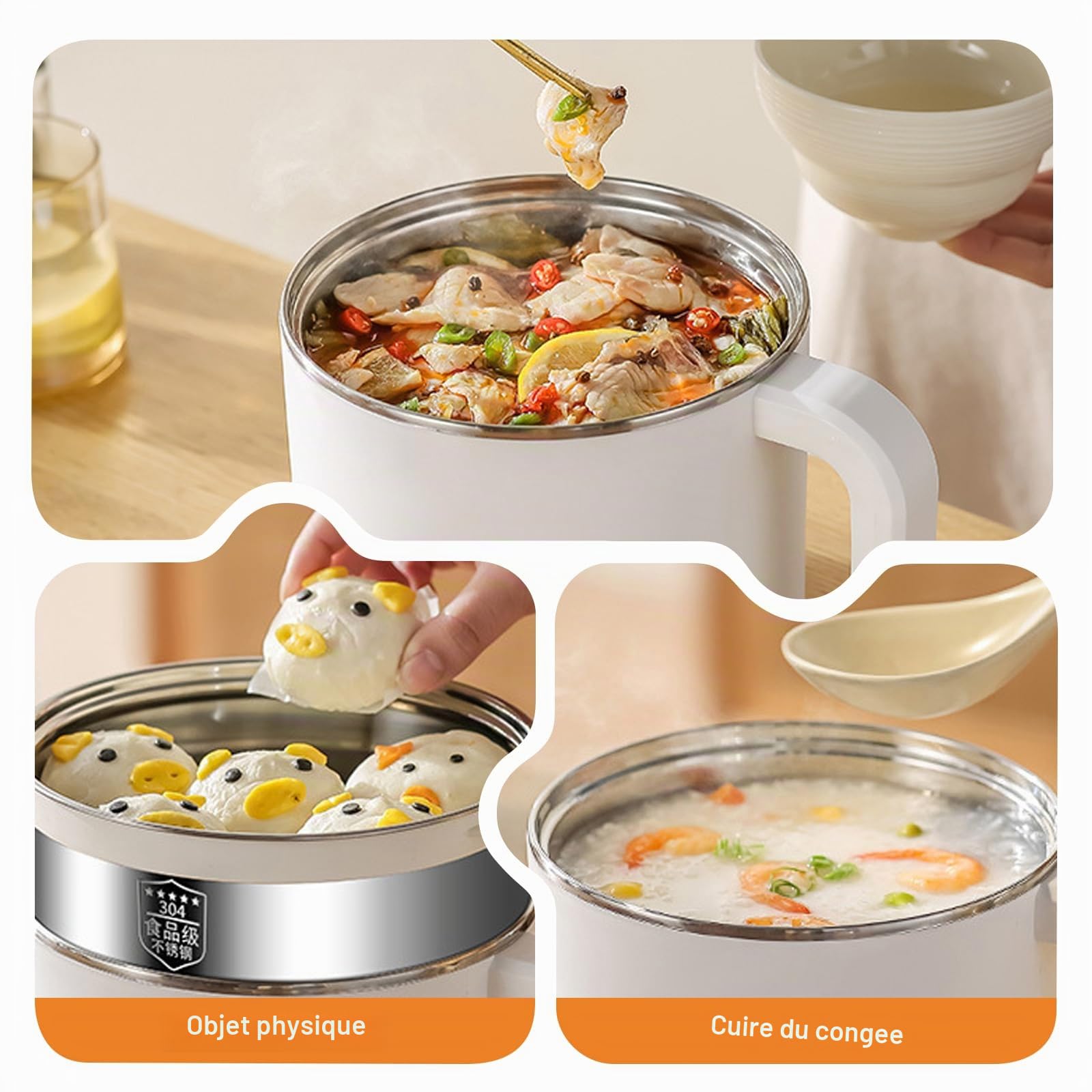 Hot Pot électrique de 1,7 l avec cuiseur vapeur, poêle électrique portable, mini casserole antiadhésive, multi-usages avec deux niveaux de puissance réglables, pour la maison, le bureau, le dortoir