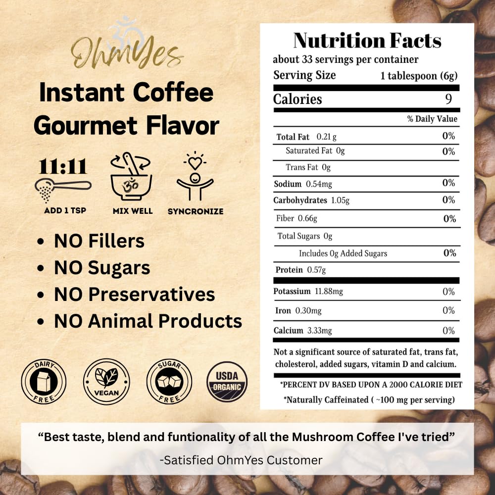 OhmYes Mocha Mushroom Coffee with Pure Cacao | Organic 11 Mushroom Adaptogen Blend (Lions Mane, Reishi, Chaga, Cordyceps) | Premium Chocolate Dark Roast Instant Coffee | Unsweetened | 7oz - Image 2