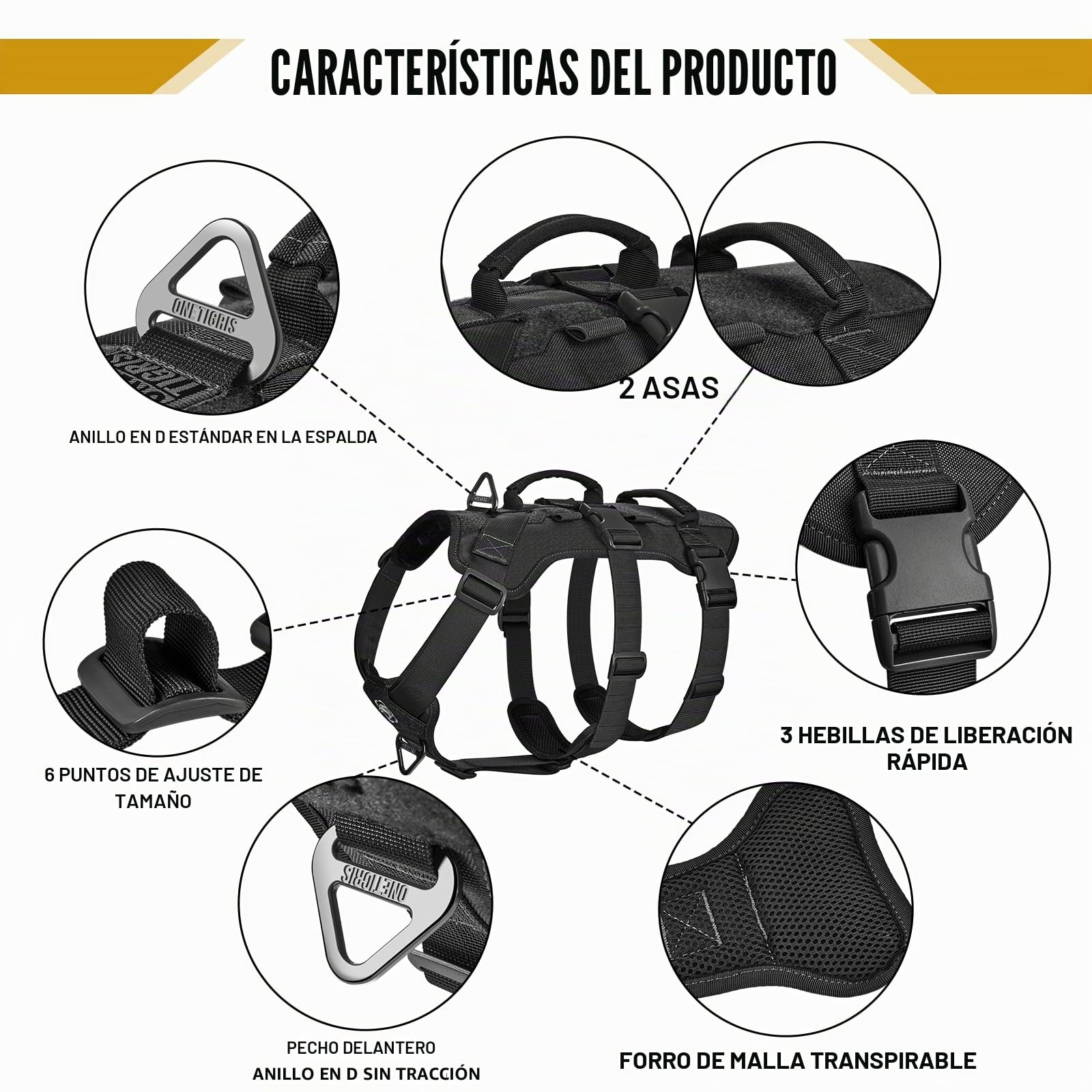 OneTigris Arnés para perros, T-Bone táctico con 2 asas, a prueba de fugas, arnés ajustable para perros, caza, senderismo, entrenamiento, paseo, actividades al aire libre (negro, XL)