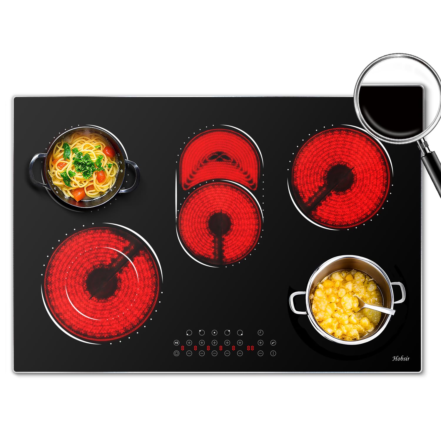 Hobsir 30 Inch Electric Cooktop, 5 Burners 30 Cooktop, Electric Stove Top Burner, 8400W Drop-in Ceramic Stove with Glass Metal Frame, Dual Zone, Timer, Safety Lock, 220-240V, Hard Wired (No Plug)