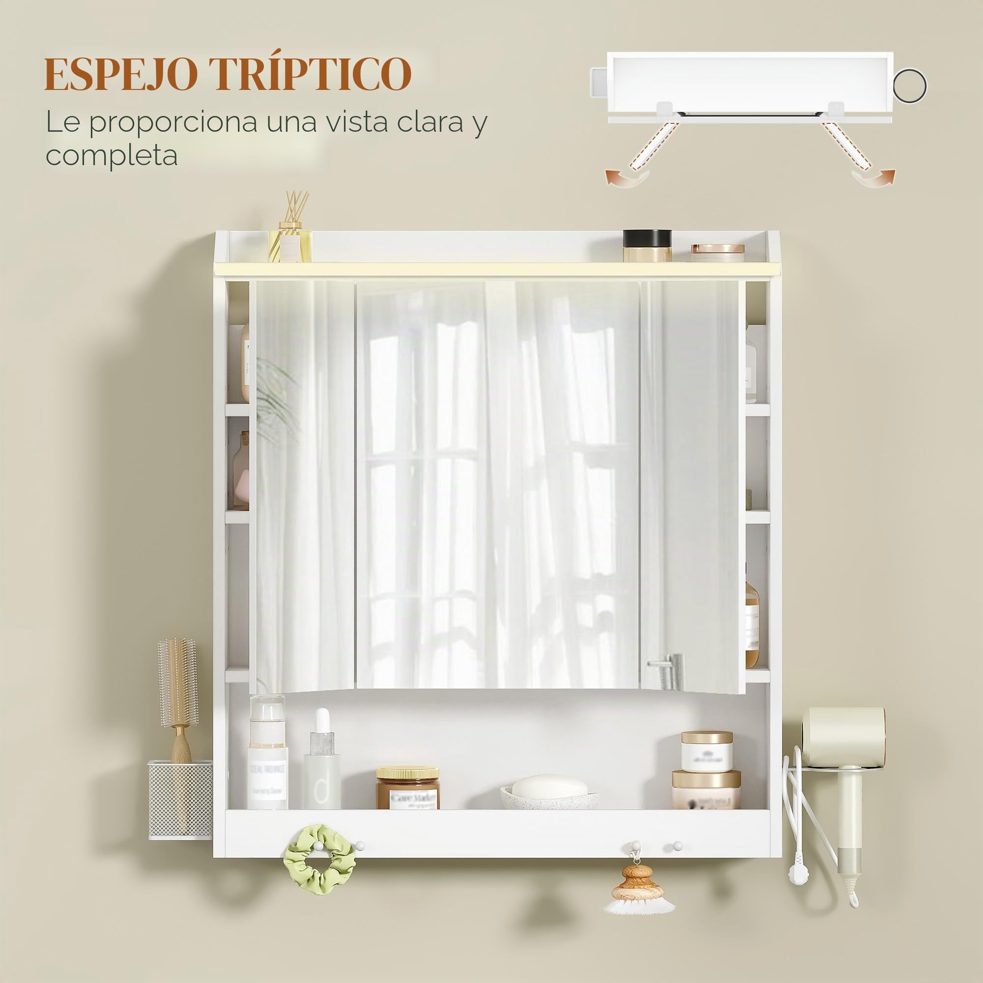 HEXCELEN Armario de Baño con Espejo y Luz LED, Armario de Pared, Compartimento Abierto, Estante Interior Ajustable, Mueble Espejo de Pared, Blanco, 15 x 70 x 78,8 cm 590303X