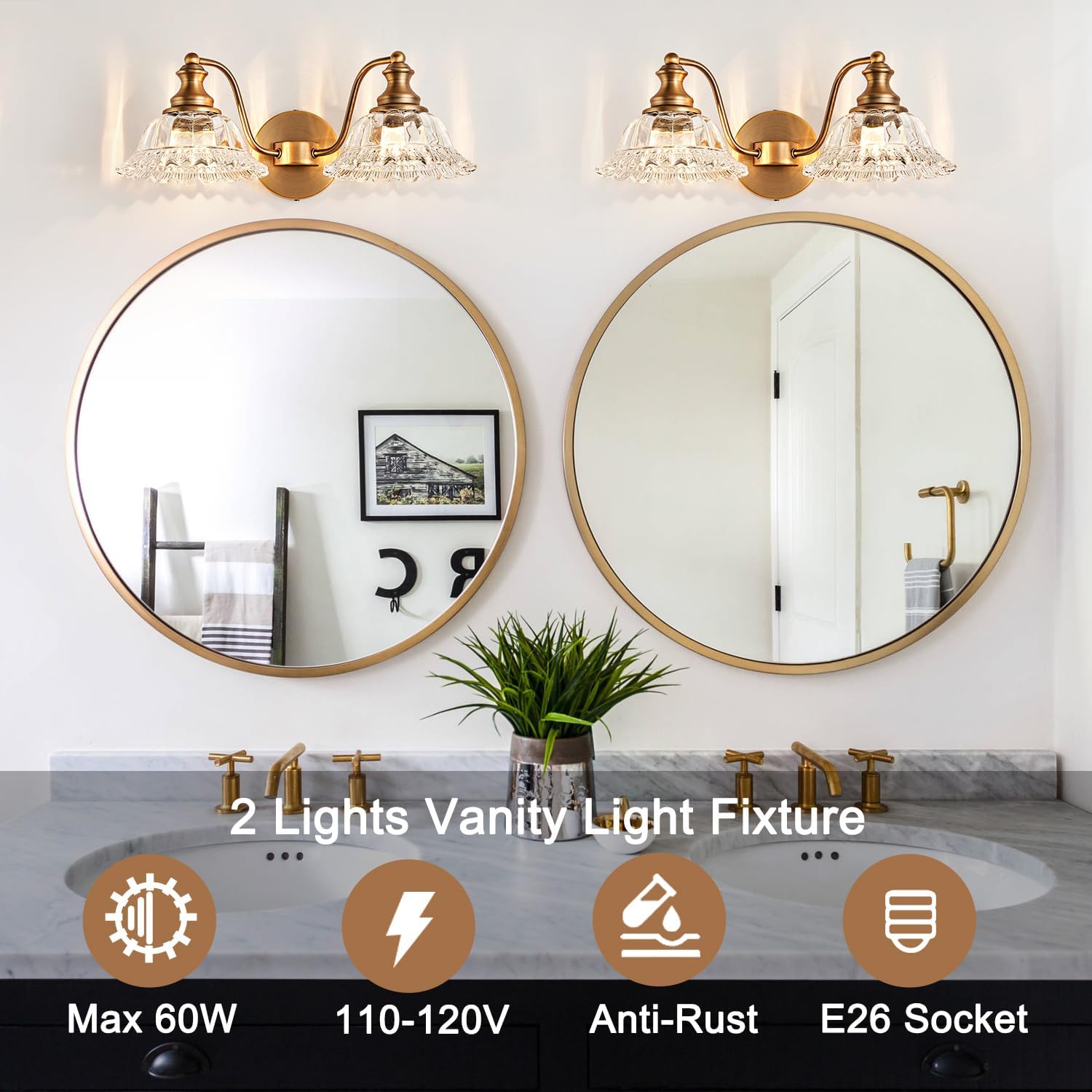 XIEDUN Bathroom Vanity Lights Over Mirror Vintage Bathroom Light Fixtures 2 Light Brass Vanity Lights for Vanity Lighting Fixtures