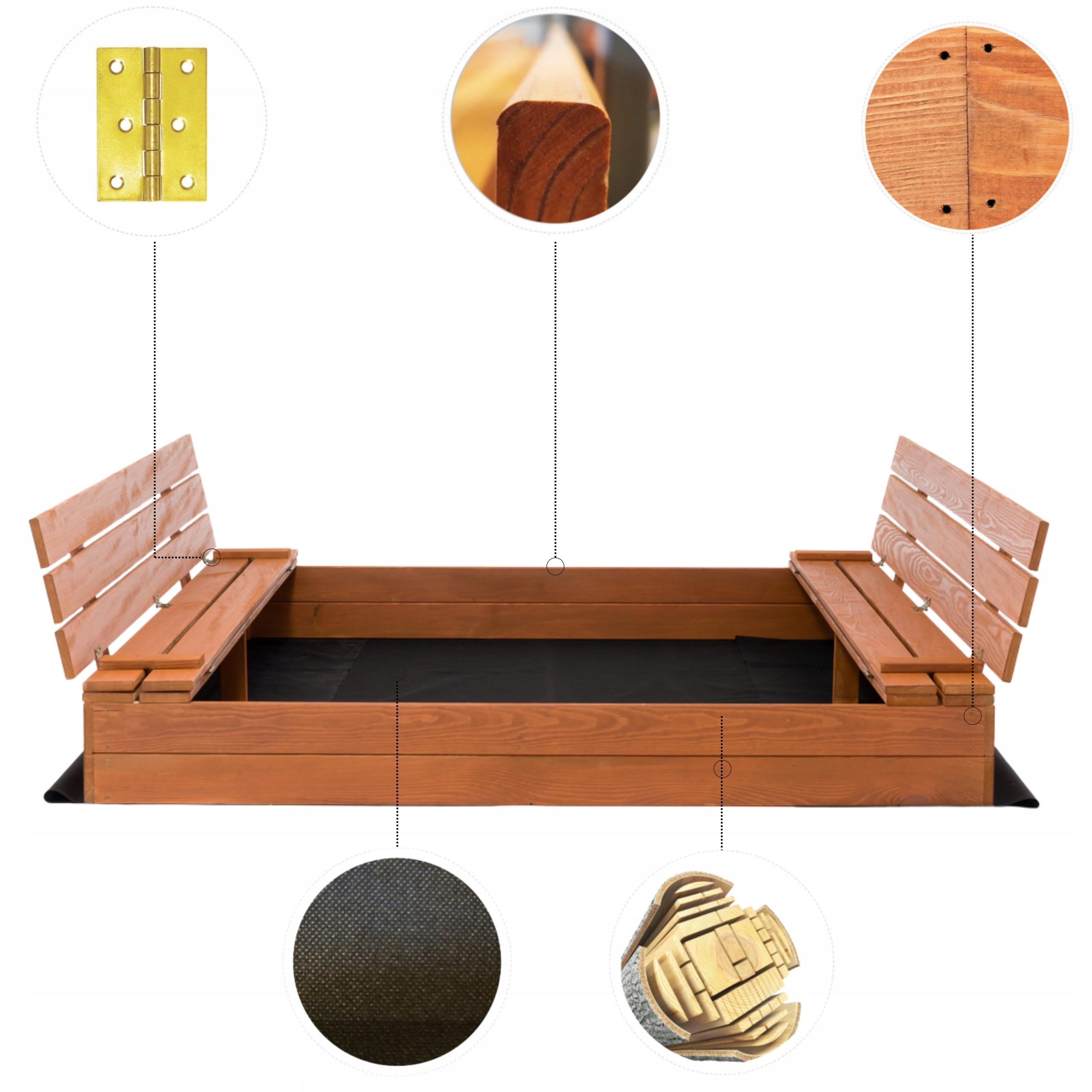 Sandkasten 160x160 cm Imprägniert Sandbox mit Abdeckung Sitzbänken Deckel Plane Sandkiste Holz Kiefer Sandkastenvlies XL XXL