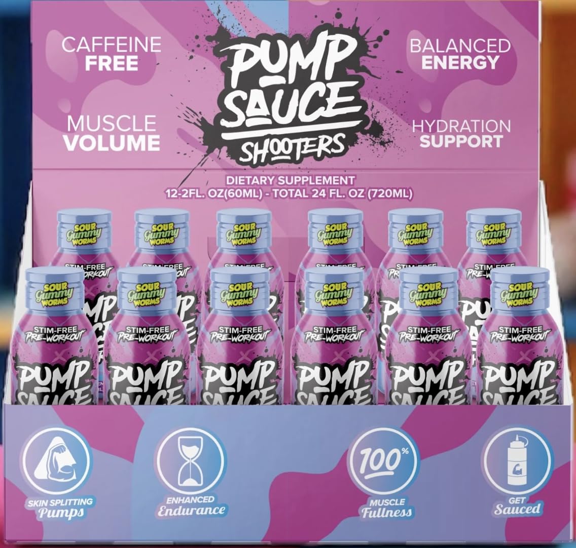 Pump Sauce Shooters Gummy Worms- 2oz Bottles (Pack of 12) - Pre Workout, No Caffeine, Full Spectrum Liquid, Gluten Free, Vegan, Zero Sugar