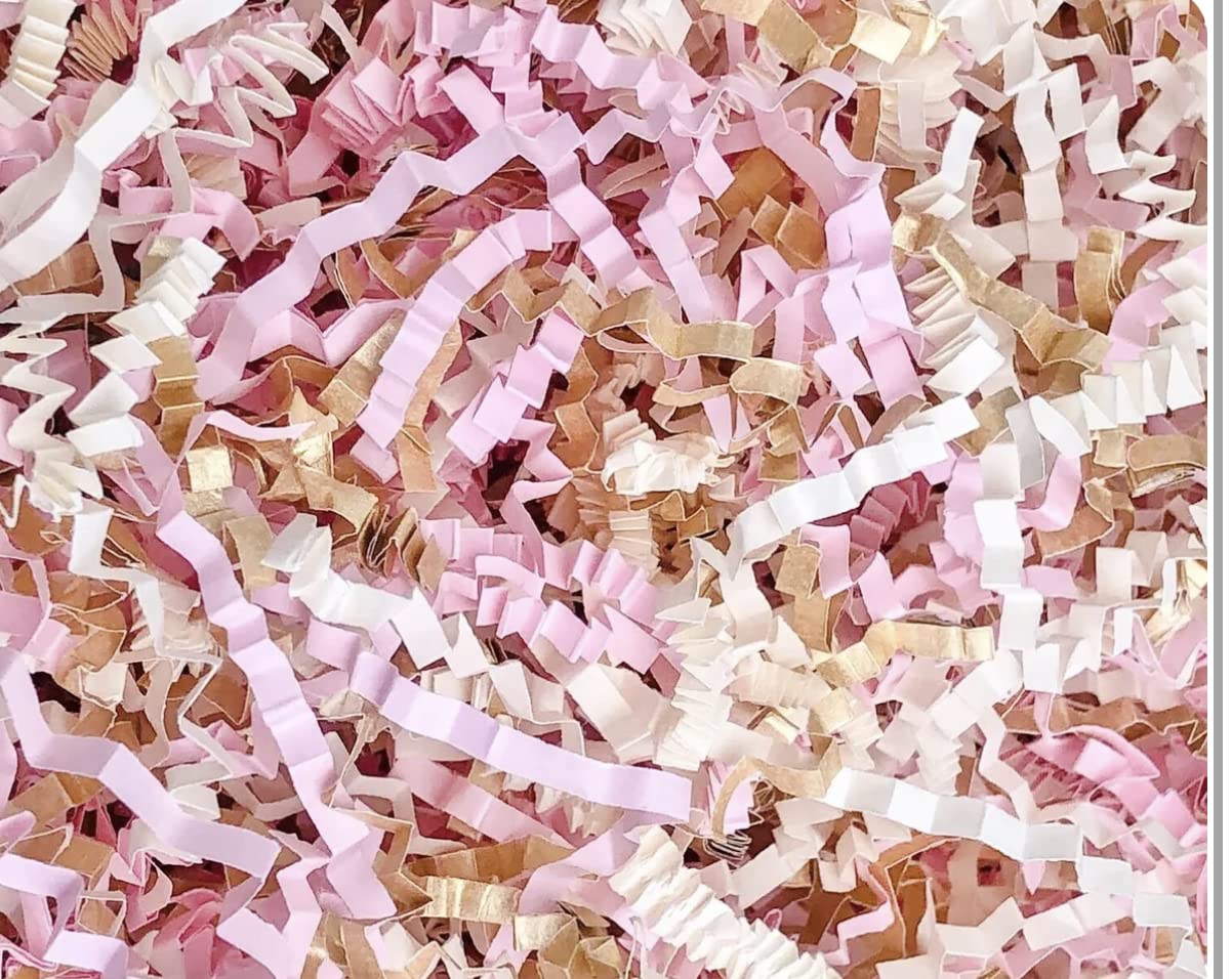 ShredAstic® Rose Pale Pink Ivory Gold Collection MIX Zig Zag Crinkle Cut Shredded Paper Gift Packaging Baskets Hampers (1000 grams (1 kilo))