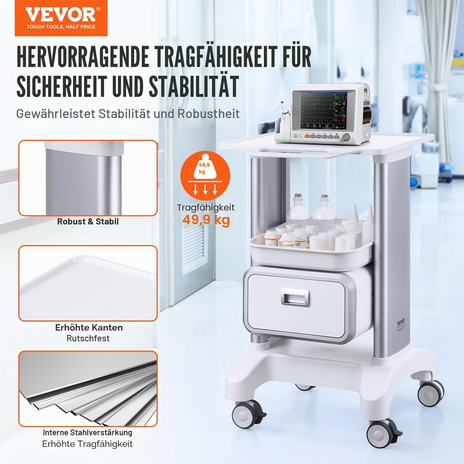 VEVOR Laborwagen Medizinwagen mit 1 Schublade und oberer Ablage, Rollbarer Laborwagen ABS Material, 50 kg belastbarer Servierwagen Medizinischer Wagen für Labor, Klinik, Krankenhaus, Salon, weiß
