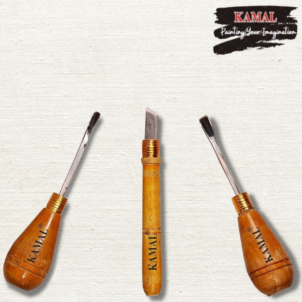 KAMAL Lino Woodhandle Carving Cutter Tool Set of 3 for Lino Cutting, Linograph Print Making Stamp, Great Cutters for Rubber Stamps, DIY Carving, Blocks and Sculpting. 1