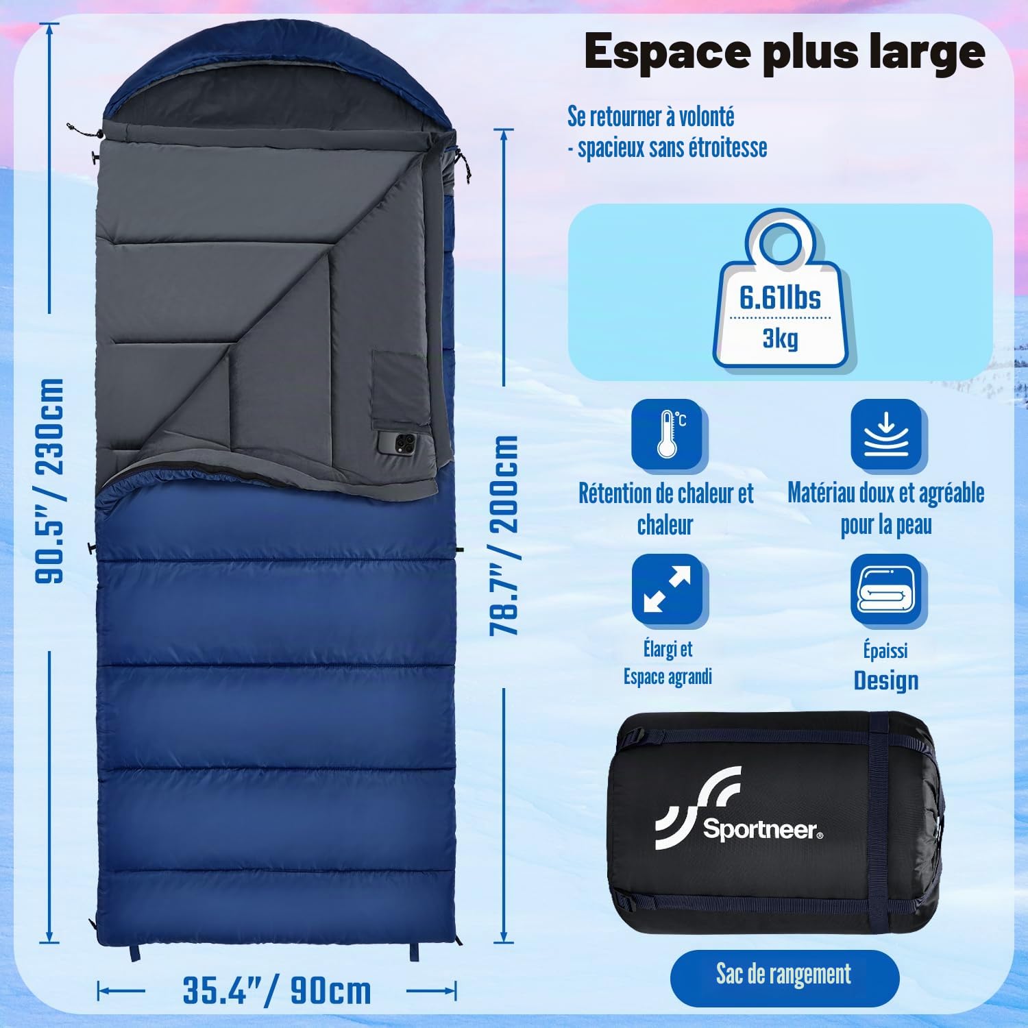 Sportneer Sac de couchage pour adultes, 229 x 90 cm (L x l), sac de couchage XXL à 0 degré avec doublure en velours cristal doux, sac de couchage d'hiver avec capuche amovible pour camping, voyage