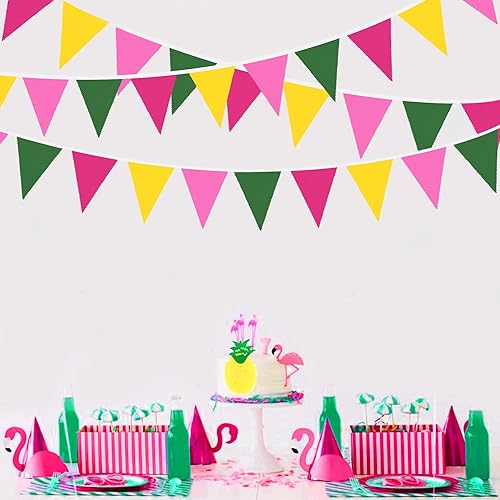 Miniatura 4 de Bandera triangular de 32 pies, color rosa intenso, verde, amarillo, banderín, guirnalda para flamenco, aloha tropical, luna, selva, hawaiana,