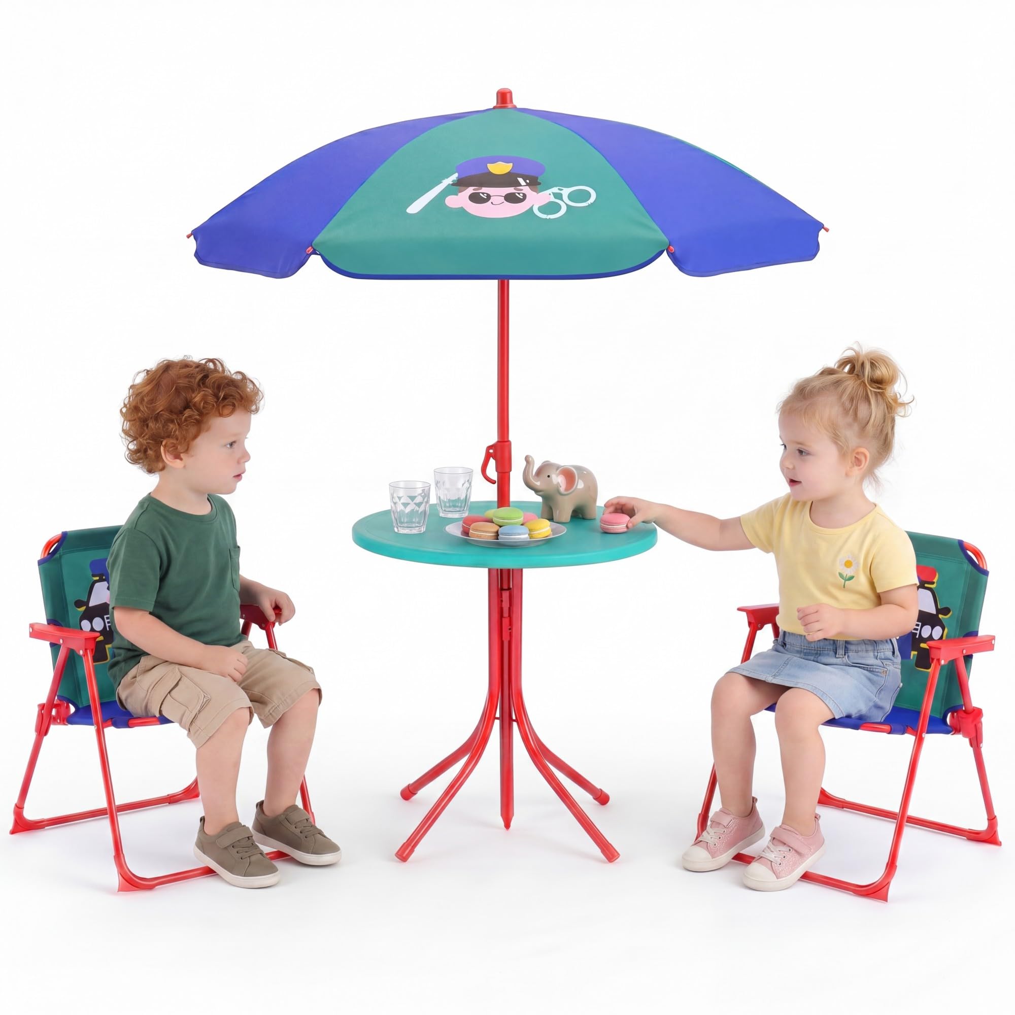 GOPLUS Juego de Mesa Picnic y Silla Playa para Niños, Mesa de Actividad Plegable Infantil con 2 Sillas Plegables y Sombrilla de Altura Ajustable, Mueble de Patio Portátil (Azul)