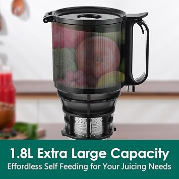 Cold Press Juicer Machines, Slow Masticating Juicer with 5.3 Extra Large Feed Chute Fit Whole Fruits & Vegetables, Self Feeding Effortless for Batch Juicing, BPA Free 250W (Matte Black,1.8L)