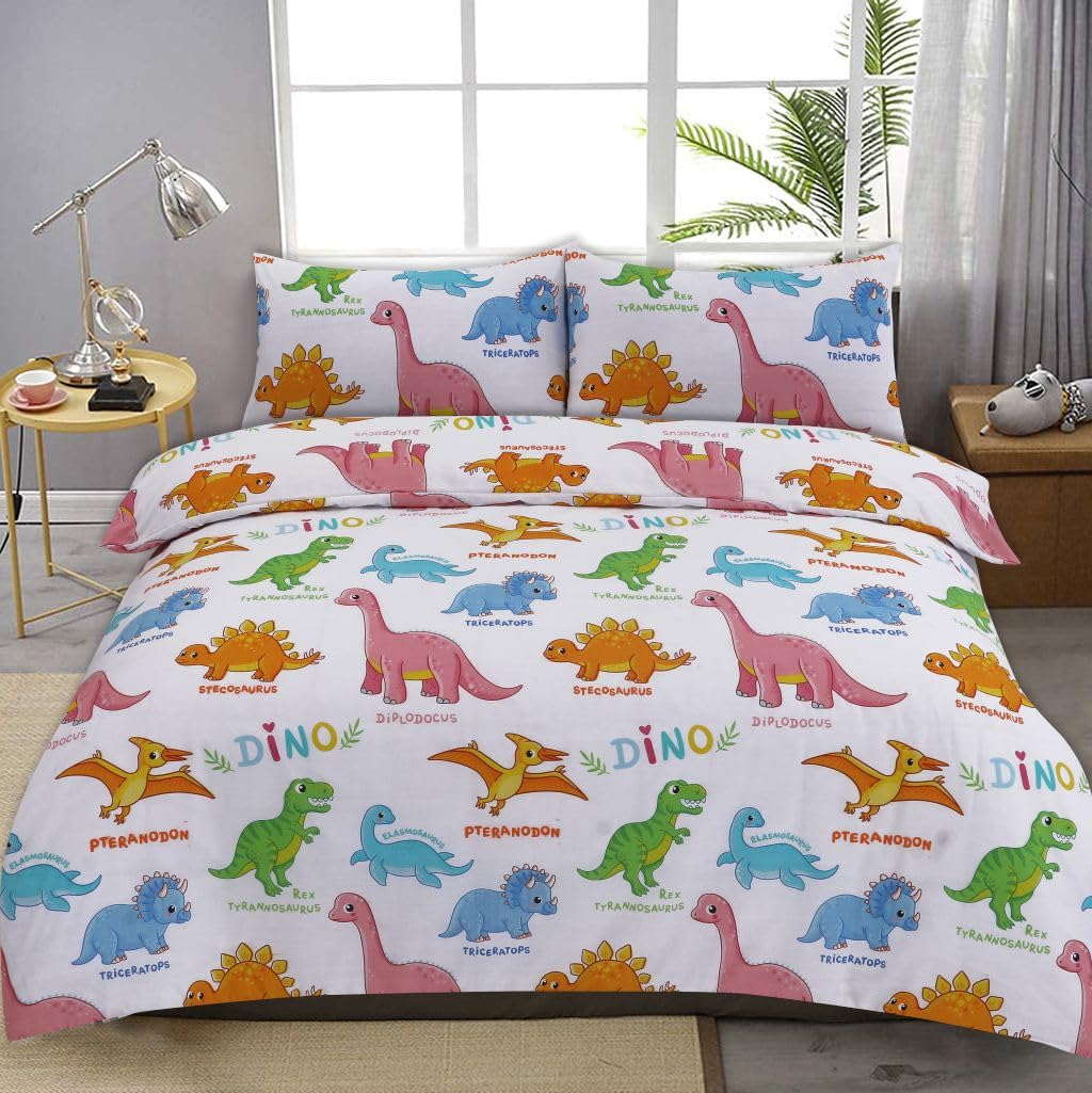 HOMES-LINEN Kids Dinosaur Duvet Cover Set – Polycotton Bedding with Pillowcase Soft & Easy Care Dino Print Quilt Cover for Boys & Girls Bedroom (Double)