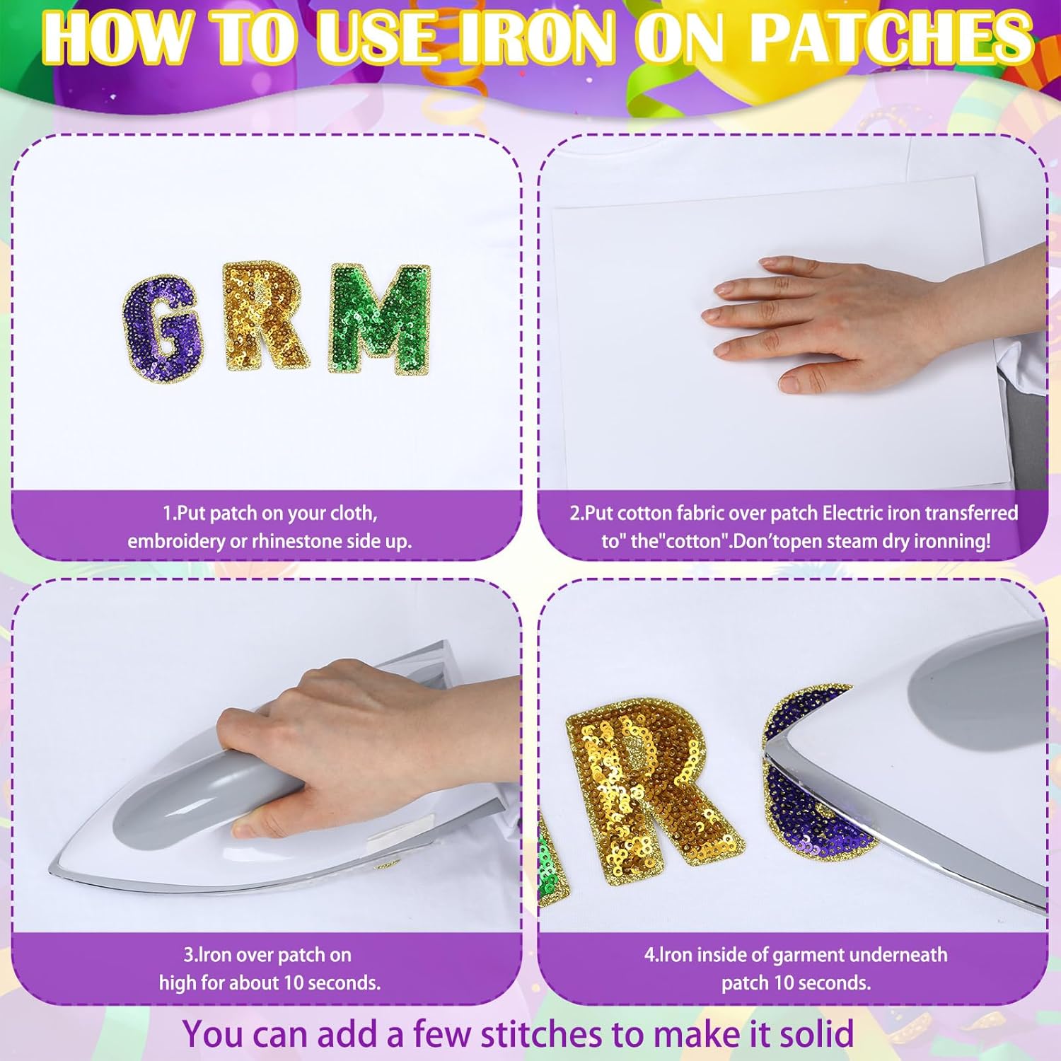 Lyrow 27 Pcs Sequin Mardi Gras Letter Iron on Patches Carnival Theme Patch Retro Iron on Patches for Carnival Holiday Jeans Jackets Clothes Backpack Cap DIY Crafts Making - Image 3