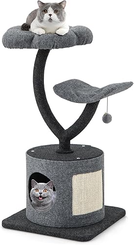 Tangkula Árbol para gatos de interior, torre pequeña para gatos de 35 pulgadas con marco de soporte de metal curvo, tabla de rascar de sisal, 2
