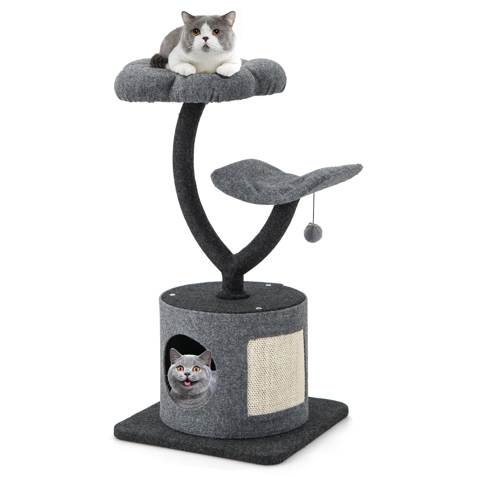 Tangkula Cat Tree for Indoor Cats, 35 Inch Small Cat Tower with Curved Metal Supporting Frame, Sisal Scratching Board, 2 Perches, Cat Condo, 3-Layer