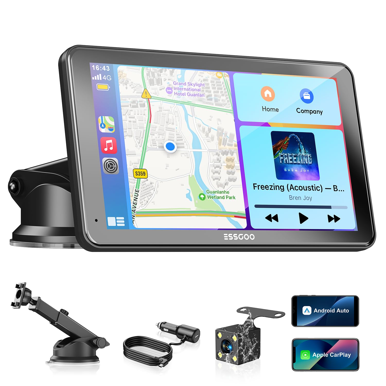 ESSGOO Schermo CarPlay portatile da 7 pollici e wireless Android Auto | Supporta GPS, Siri e Google Assistant, radio FM, con telecamera posteriore, adatto per più veicoli