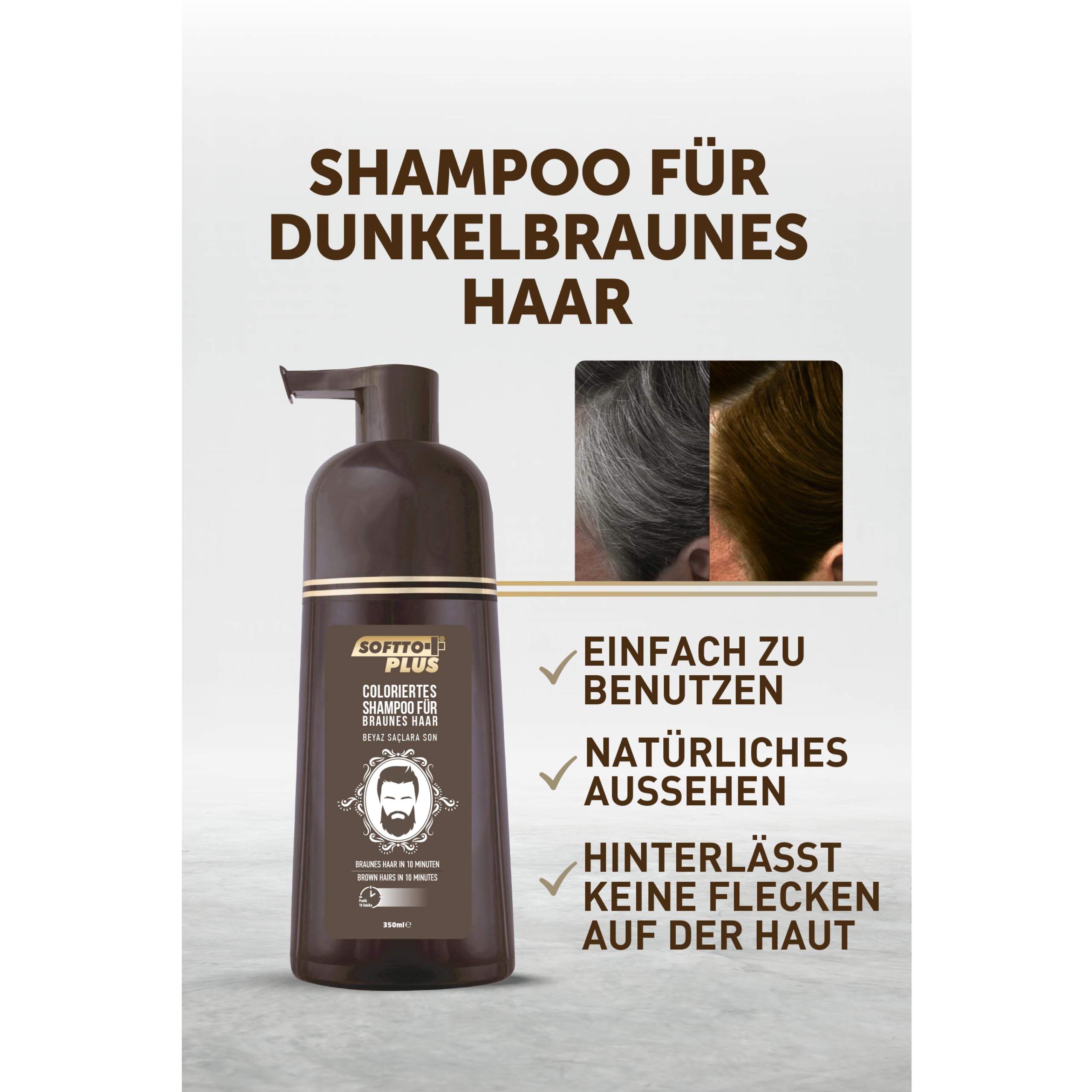 Softto+Plus Brown Hair Shampoo, Abdeckung weißer & grauer Haare in nur 10 Minuten, keine Flecken, inkl. Handschuhe, für Damen und Herren Braun (3)