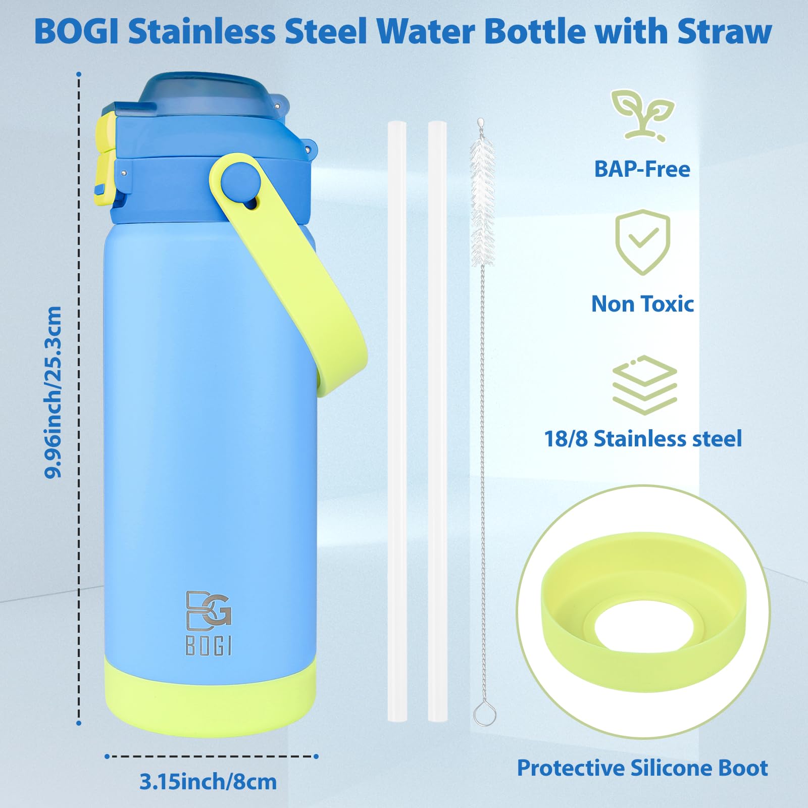 BOGI Metall-Wasserflasche mit Strohhalm, 720 ml, Edelstahl-Wasserflasche für Sport, Reisen, Fitnessstudio, auslaufsicher, isolierte Wasserflasche mit 2-in-1-Duo-Deckel, für Jungen und Mädchen, 2