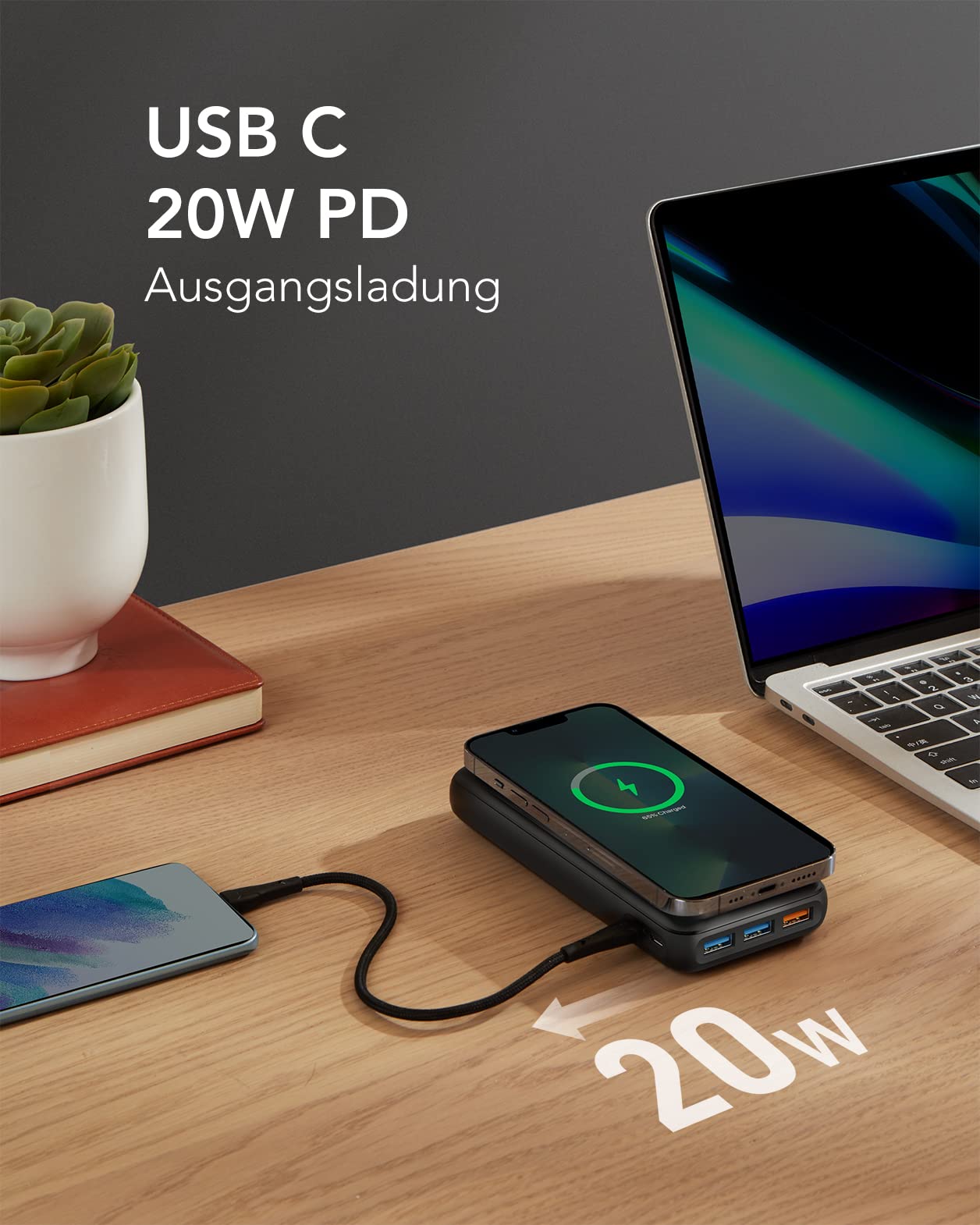 Charmast Power Bank, Powerbank wireless da 20000 mAh, ricarica induttiva, 22,5 W PD/QC 3.0, batteria esterna per cellulare con display a LED, compatibile con iPhone 17, 16, 15, 14, 13, 12 Pro Max