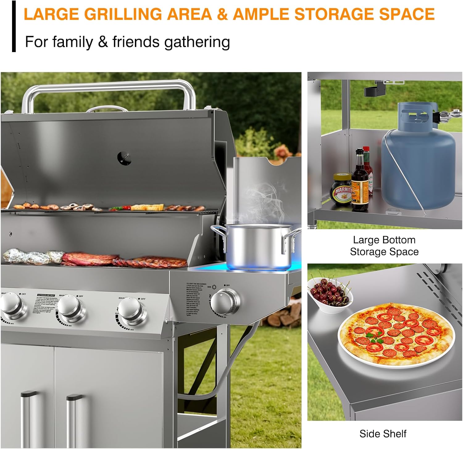 4 Burner Propane Gas Grill with Side Burner, Stainless Steel Gas Grill with Built-in thermometer & Enameled Cast Iron Grates, 58,000 BTUs Output for Outdoor Cooking and Patio Backyard Barbecue