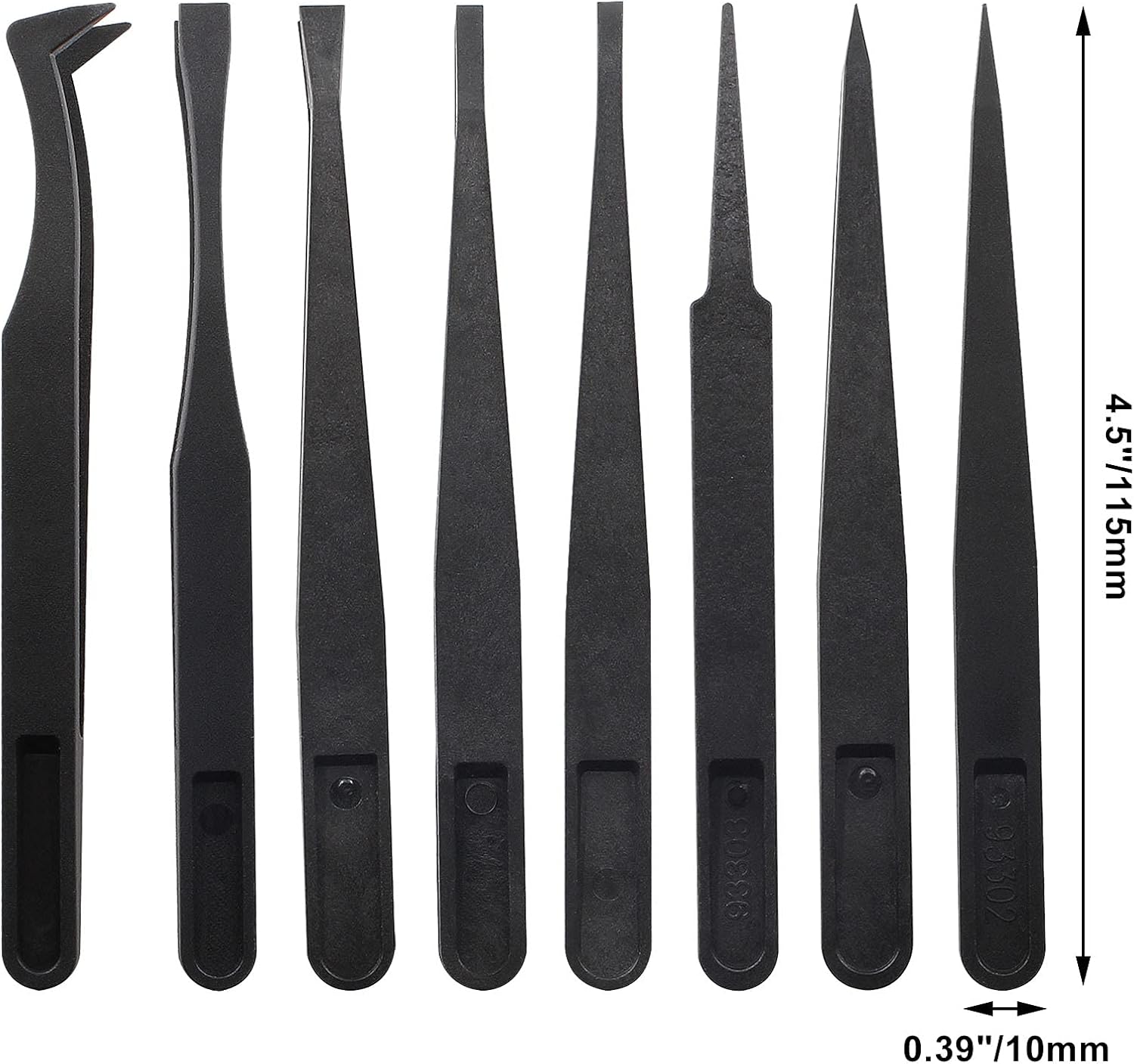 Bonsicoky 8Pcs Precision Plastic Tweezers, 4.5-4.8 Inch Anti-Static Tweezers Set with Curved and Straight Tips for Electronics Assembly, Watch Repair, Crafts Making (114-123mm, Black)