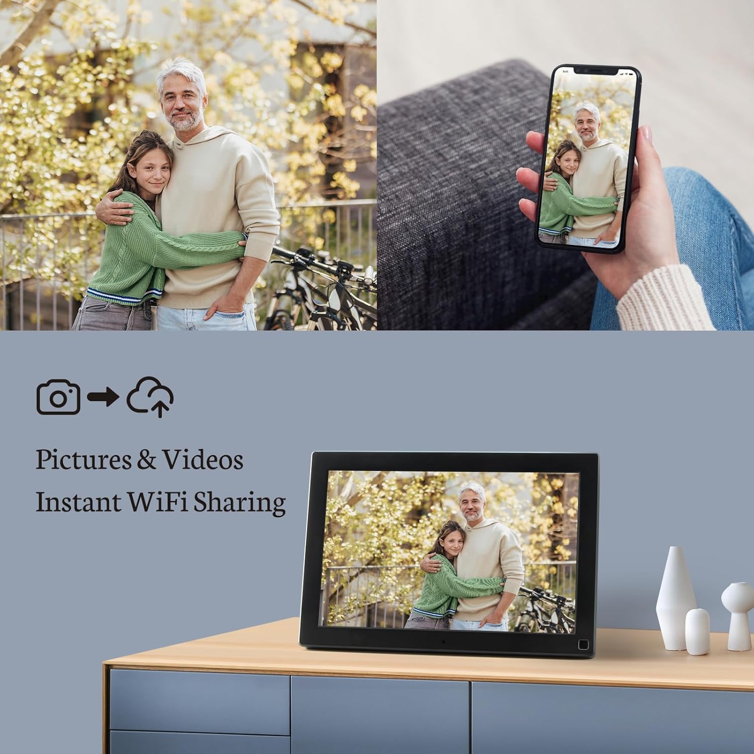 A digital picture frame displaying a photo of a man and a child, with a smartphone next to it showing the same image, indicating instant WiFi sharing of pictures and videos.