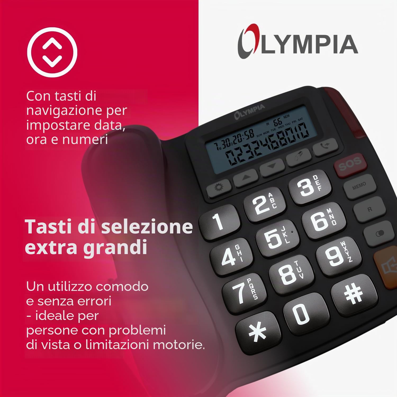 OLYMPIA 4520 Telefono fisso a filo per anziani, con tasti grandi, tasti SOS e vivavoce, Nero