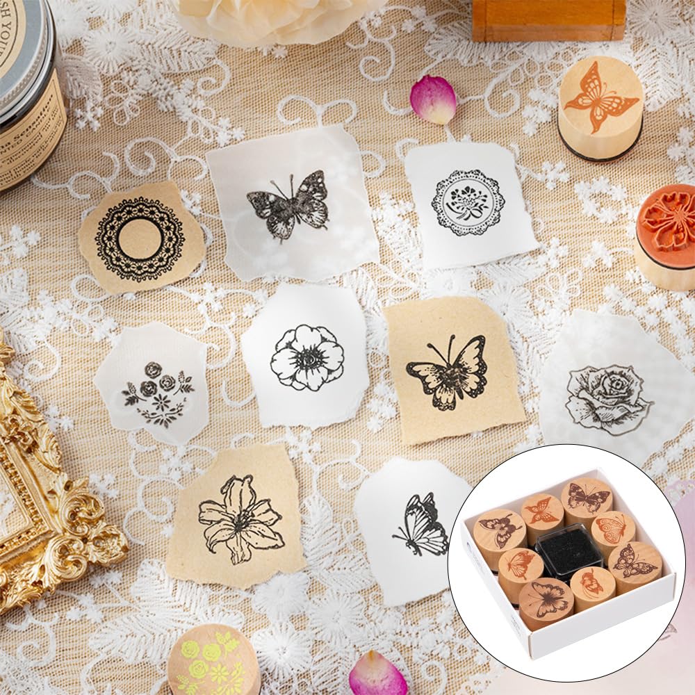 8 stuks houten stempels vintage rubberen stempels set bloem doe-het-zelf doe -het-zelf accessoires herbruikbaar voor scrapbooking, dagboek, fotoalbum