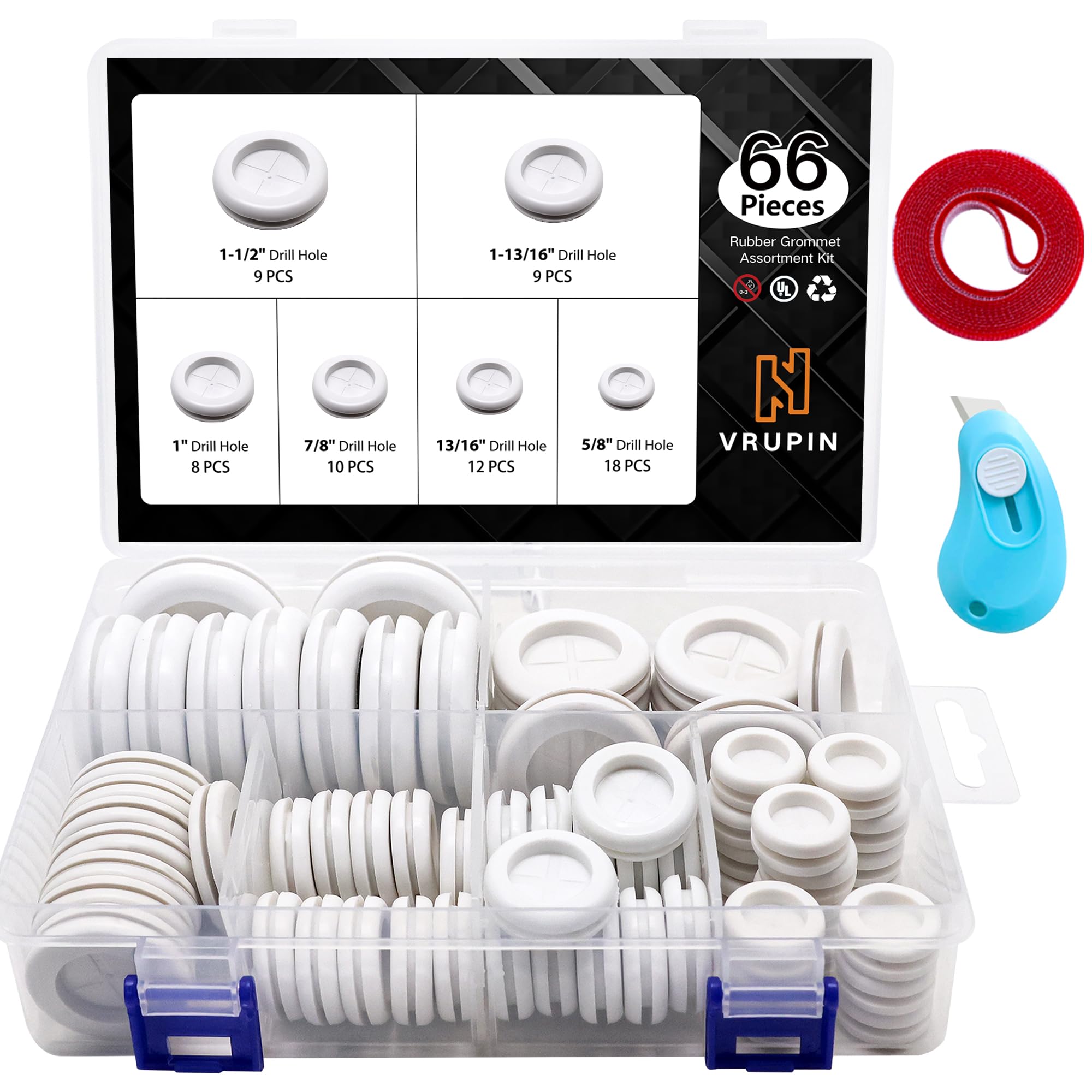 vrupin Kit Surtido de 66 Ojales de Goma, Tapones para Agujeros de cortafuegos, protección de Cables, 6 tamaños 1-13/16 1-1/2 1 7/8 5/8 3/16