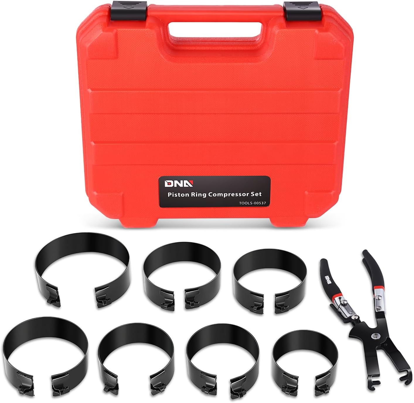 DNA MOTORING Engine Piston Ring Compressor Set with Compression Pliers and 7 Piston Rings (2-7/8" - 4-5/8") - for Car, Truck, and Motorcycle Installation and Removal Kit, TOOLS-00537