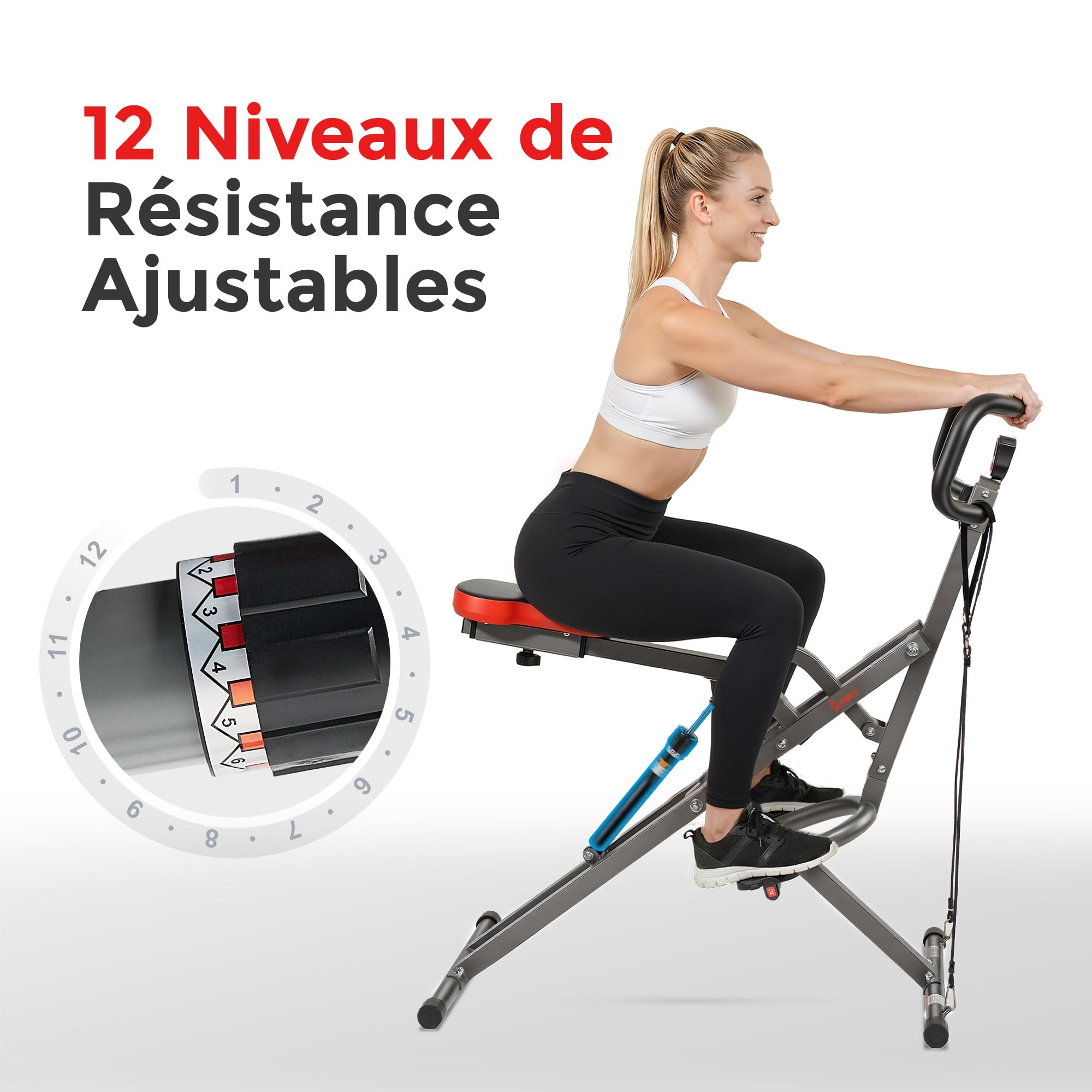 Sunny Health & Fitness Row-N-Ride PRO Appareil de Squat Combiné pour Entraînement Complet du Corp avec Band de Résistance Optionnelle, Équipement d’Abdo et de Cardio pour la Maison avec l’App SunnyFit