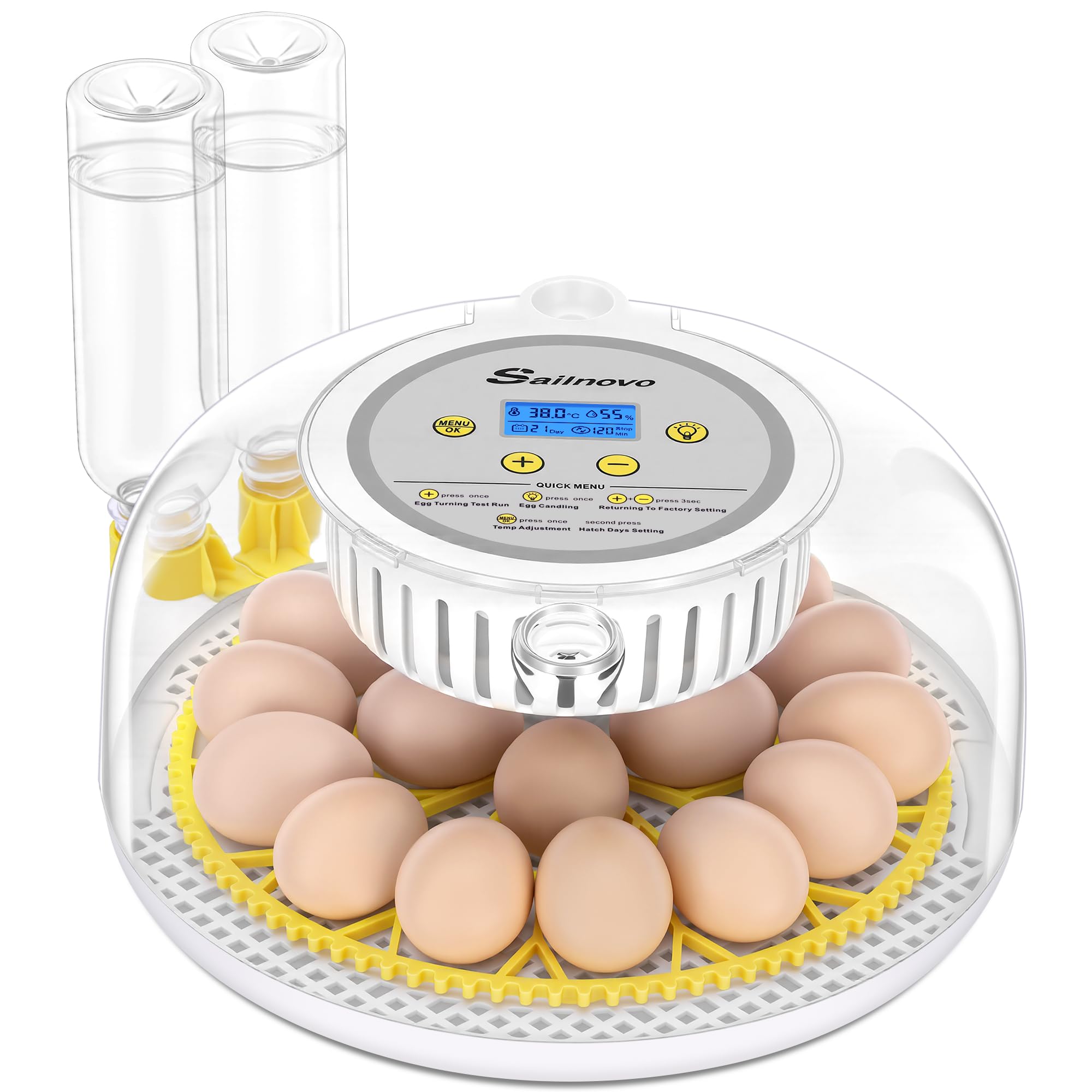 Sailnovo Incubadora Automática para 18 Huevos, Control de Temperatura y Automático de Humedad,Días de Eclosión,Rotación y Parada Automáticas, Vela de Huevo – Vista de 360° Incubadora (Amarillo)