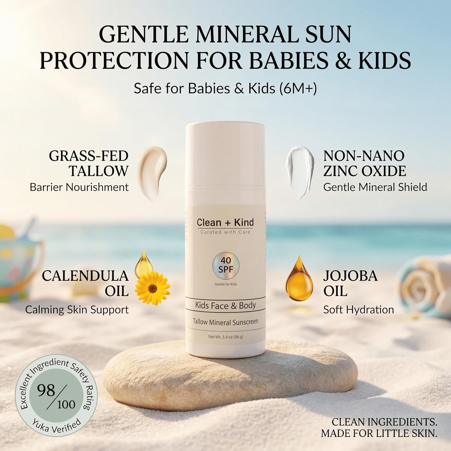 Kids Mineral Sunscreen SPF 40 – Non-Nano Zinc Oxide Sun Protection with Grass-Fed Tallow, Lightweight No White Cast, Gentle for Sensitive Skin - 3.4 oz (Pack of 2)