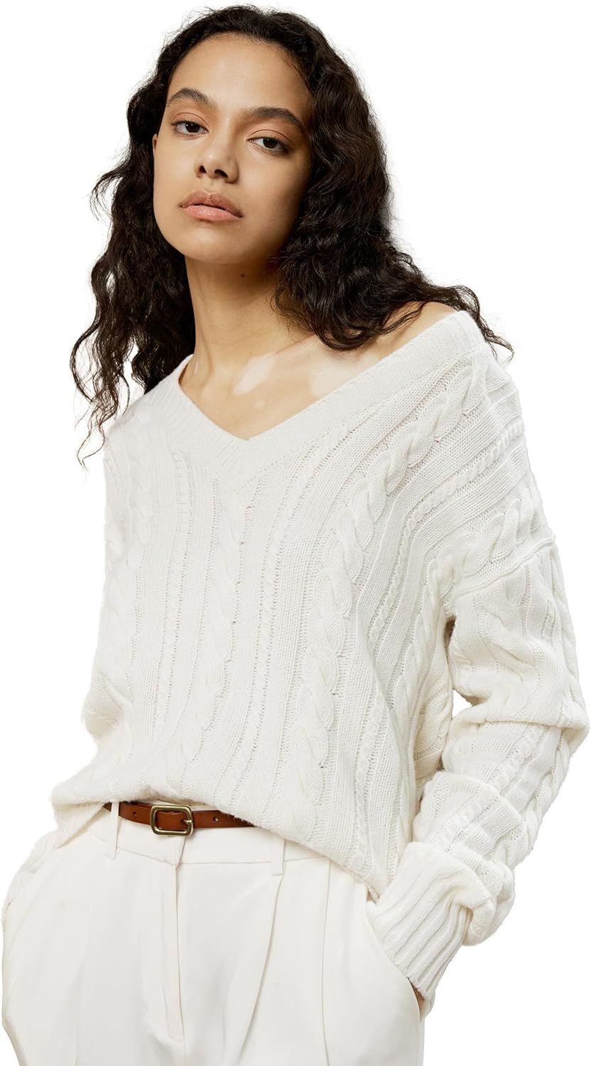 LilySilk Womens Oversized Sweater Drop-Shoulder Premium Wool Cashmere V-Neck Cropped Pullover Cable Knit Fall Winter