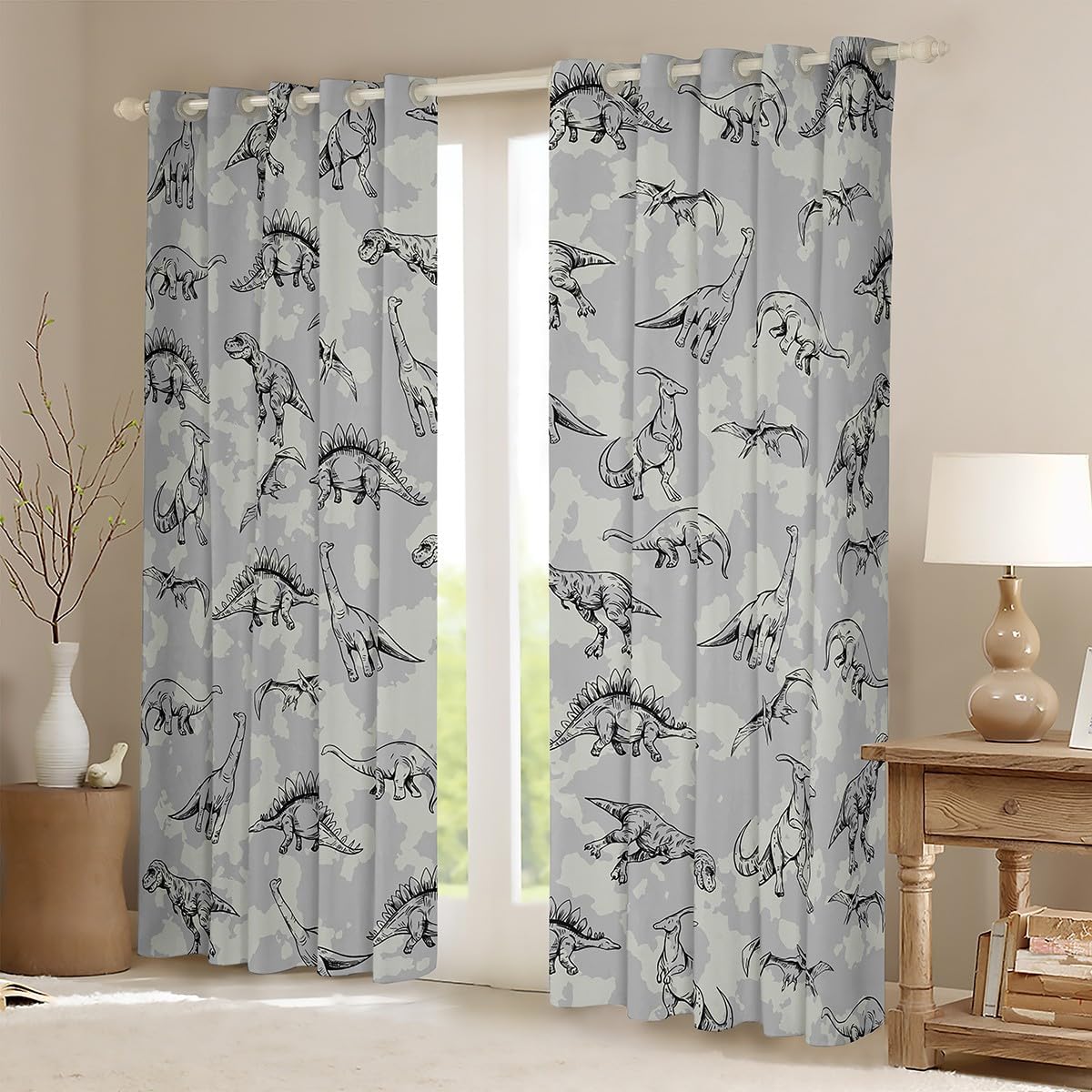 Dinosaur Curtains for Bedroom Living Room (2 Panels, 38 x 54 Inch) Kids Cartoon Dino 30%-50% Blackout Curtains Boys Girls Teens Camouflage Darkening Drapes Wildlife Style Gray Decor Window Treatments