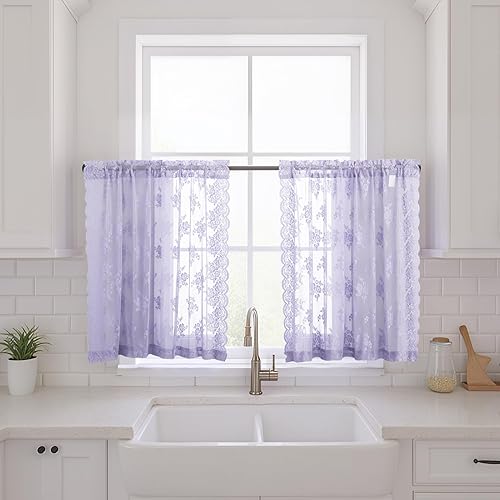 Miniatura 18 de Kotile Cortinas traslúcidas beige de 96 pulgadas de largo para sala de estar, 2 paneles de cortinas rústicas de encaje florales retro crema para