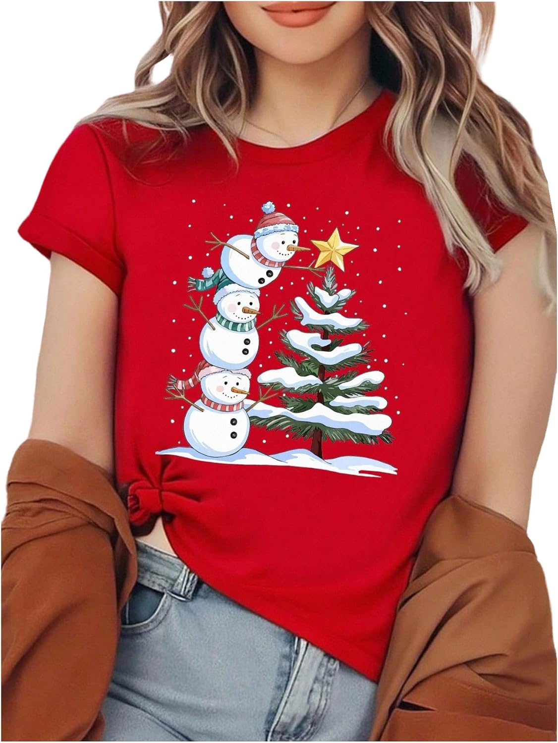 SweatyRocks Women's Christmas Tree Graphic Short Sleeve T Shirts Casual Crew Neck Going Out Tees