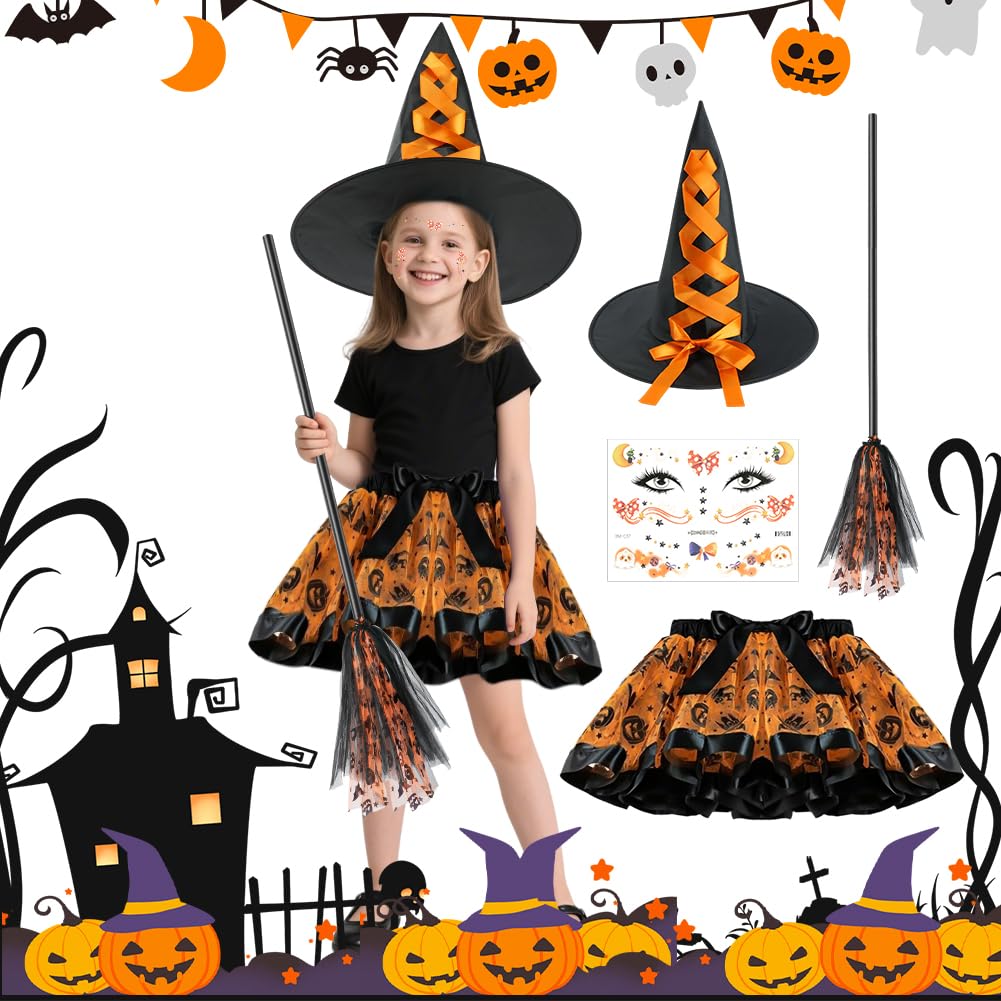 ACWOO Kids Witch Costume, 4PCS Halloween Pumpkinhead TuTu Skirt Suit Costumes Set including Witch Broom and Hat, Stickers