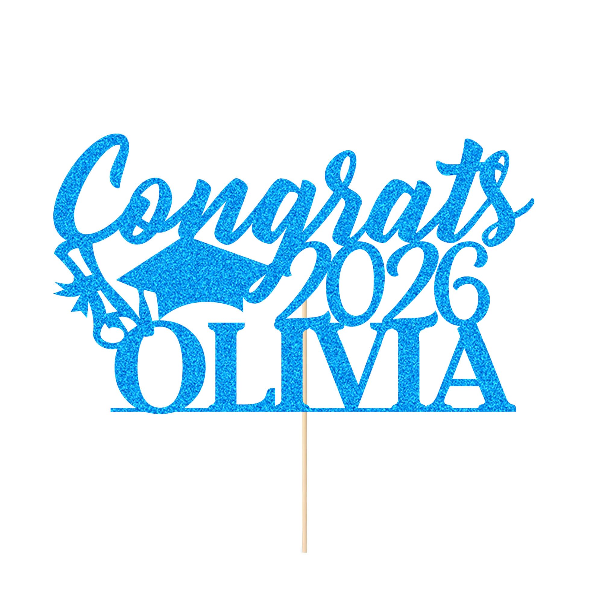 EDSG Personalized Graduation Cake Topper, Class of 2026 Double Sided Glitter Card Congrats Grad Cap Decorations for Graduation Party Supplies (Blue)