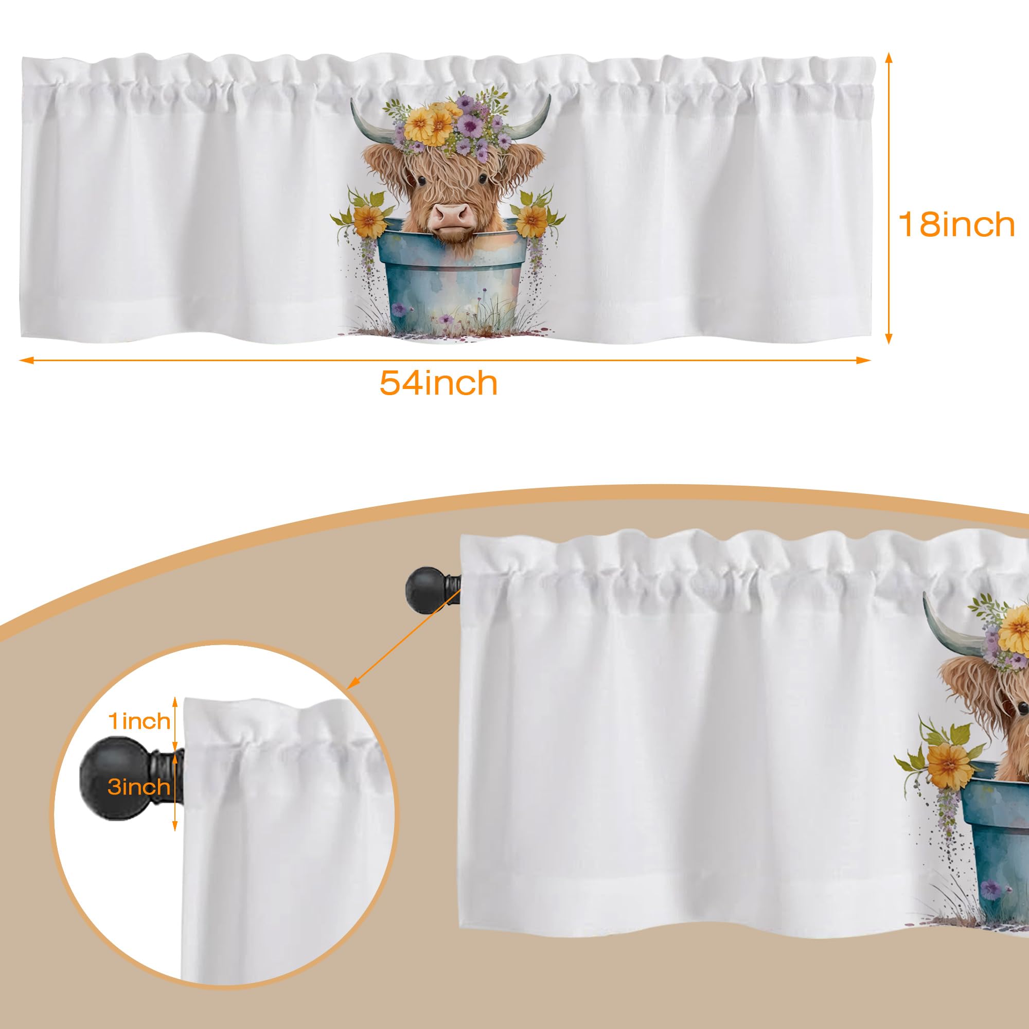 Eflxamz Curtain Valances, Cute Highland Cow Semi Sheer Kitchen Windows Valances, Rod Pocket Short Window Treatment Light Filtering Decor Valances for Kitchen Living Room Bedroom Windows - 54