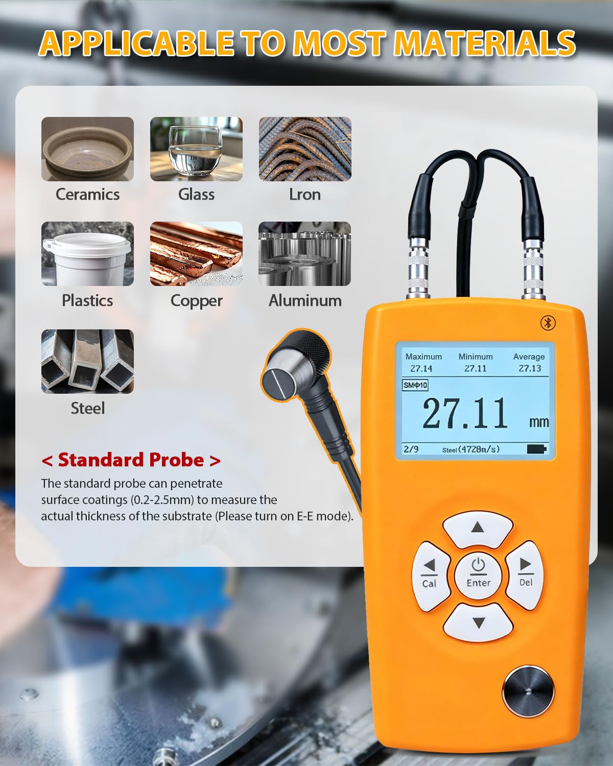 Medidor de Espesor Ultrasonidos 0,8-350mm, 5MHz φ10 mm de diámetro, APP Conexión a 999 Datos, Ultrasonic Thickness Gauge para Acero, Metal, Plástico, Vidrio, Cerámica, PVC, Tuberías