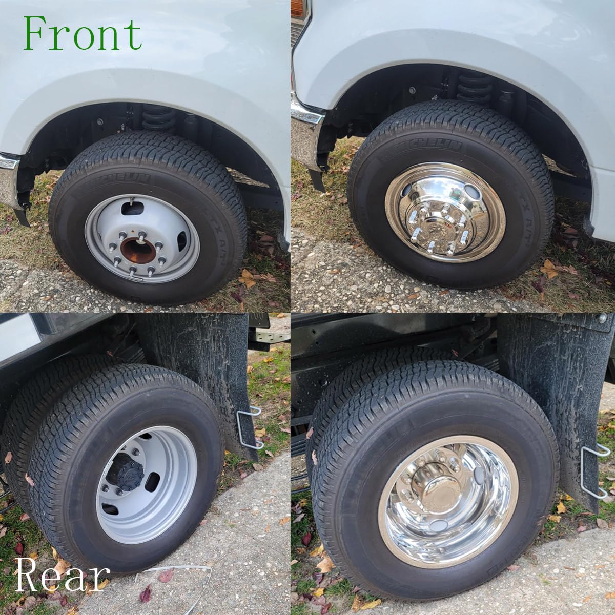 BOOGADEE Set of 2 Rear & 2 Front 17inch Polished Stainless Steel Dually Wheel Simulators, Bolt On Wheel Covers, 8 Lug Hubcaps Fit for 2005-2025 Ford F-350 Super Duty 2WD/4WD C17A8