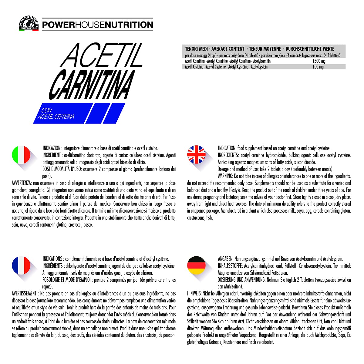 ACETIL CARNITINA 1500mg - Alto Dosaggio - 2 Mesi Fornitura - Powerhouse Nutrition, Acetil L-Carnitina e Cisteina - Favorisce Aumento Massa, Attenua Stress Fisico, 60 compresse