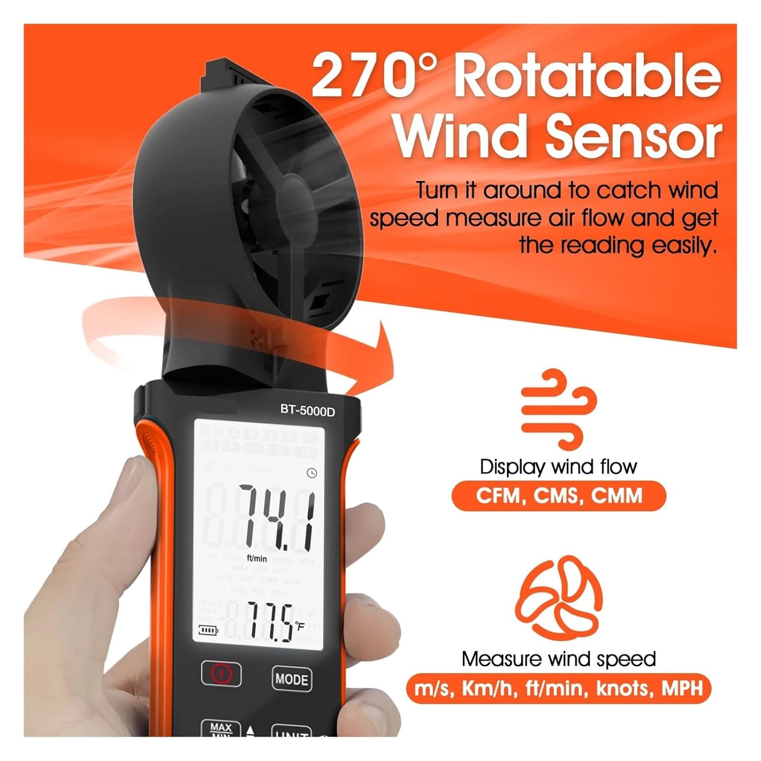 Wind Sensors Handheld Anemometer,CFM Wind Speed Meter,HVAC Rotatable Wind Air Flow Velocity Wind Volume,Rechargeable Gauge,BT-5000D