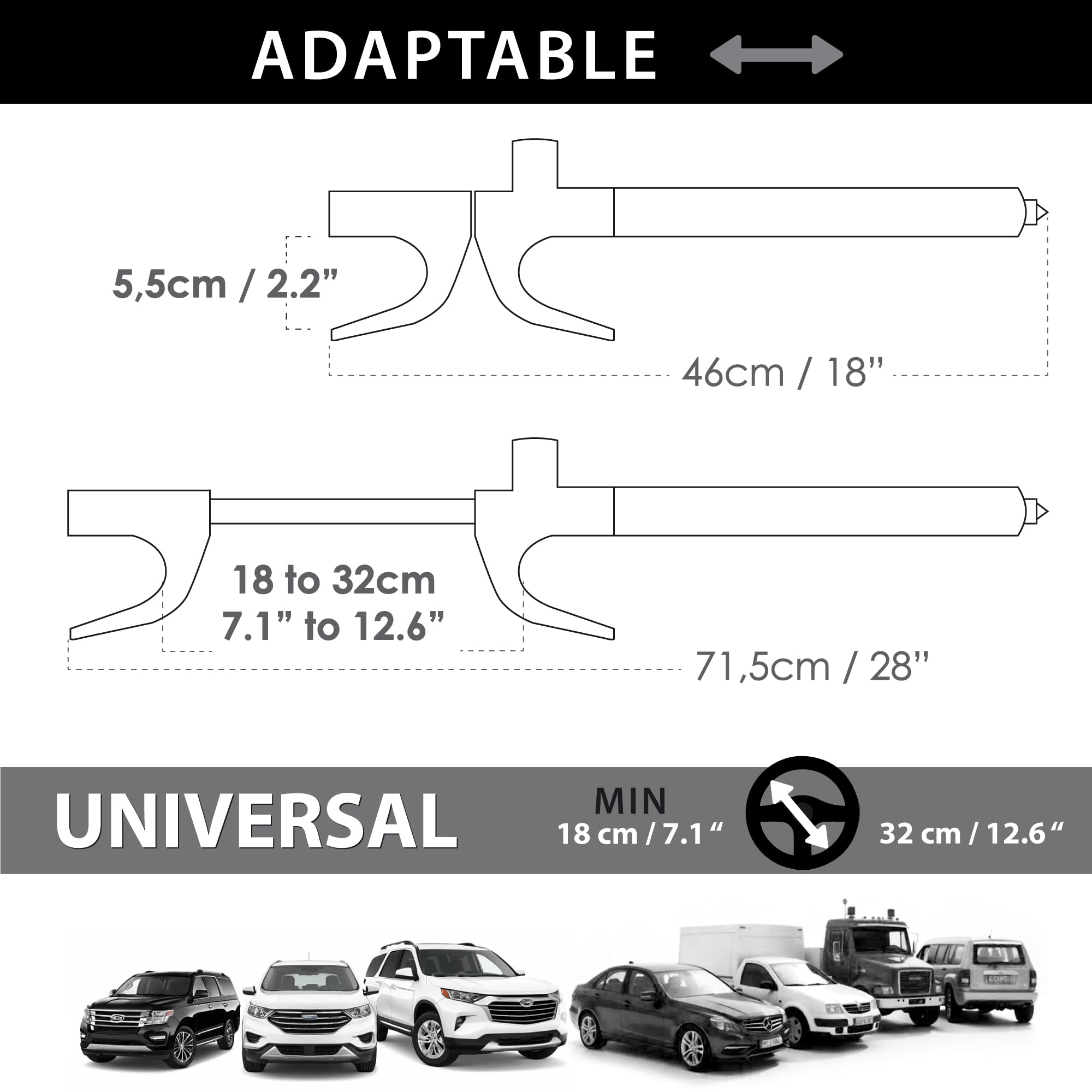KRASER WA839B Antirrobo Coche, Alta Seguridad, Barra Volante Reforzada, Muy Visible y Disuasorio, Bloqueo Más Ajustable, Martillo Emergencia, Cepo Coche Universal SUV Furgoneta Autocaravana