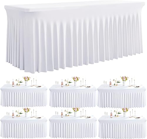 Outpain Paquete de 6 manteles rectangulares de elastano blanco para mesas rectangulares de 6 pies, manteles de elastano ajustable de 6 pies, sin