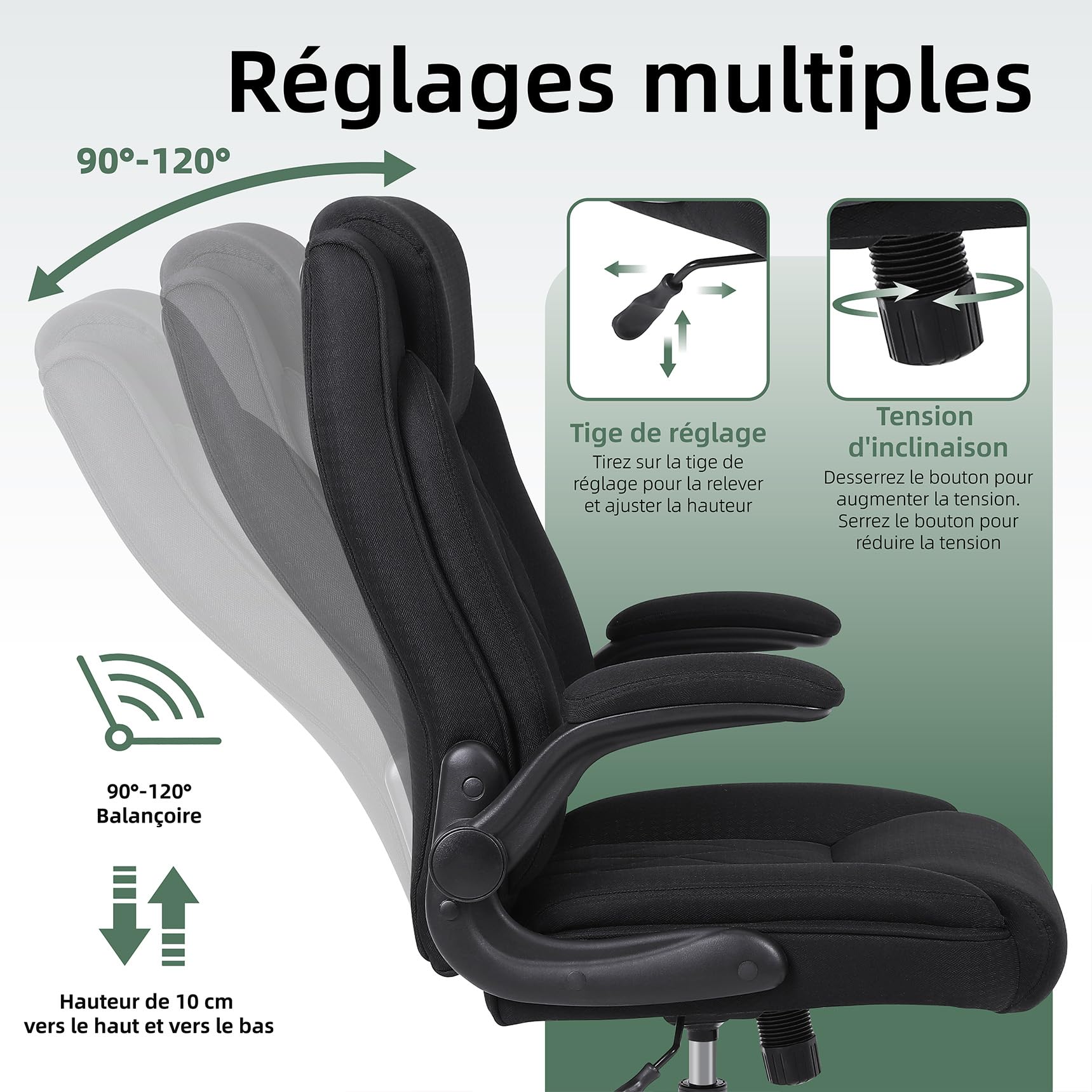 Youhauchair Chaise Bureau Ergonomique, Chaise de Bureau 200 kg pour Personnes de Grande Taille, Fauteuil de Bureau avec Accoudoirs Relevables, Fauteuil de Direction à Dossier Haut, Noir