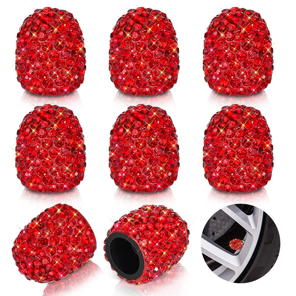 Bling Tire Valve Caps 8 Pack Crystal Rhinestone Dustproof Valve Stem Caps Attractive Car Exterior Decoration Accessories Red