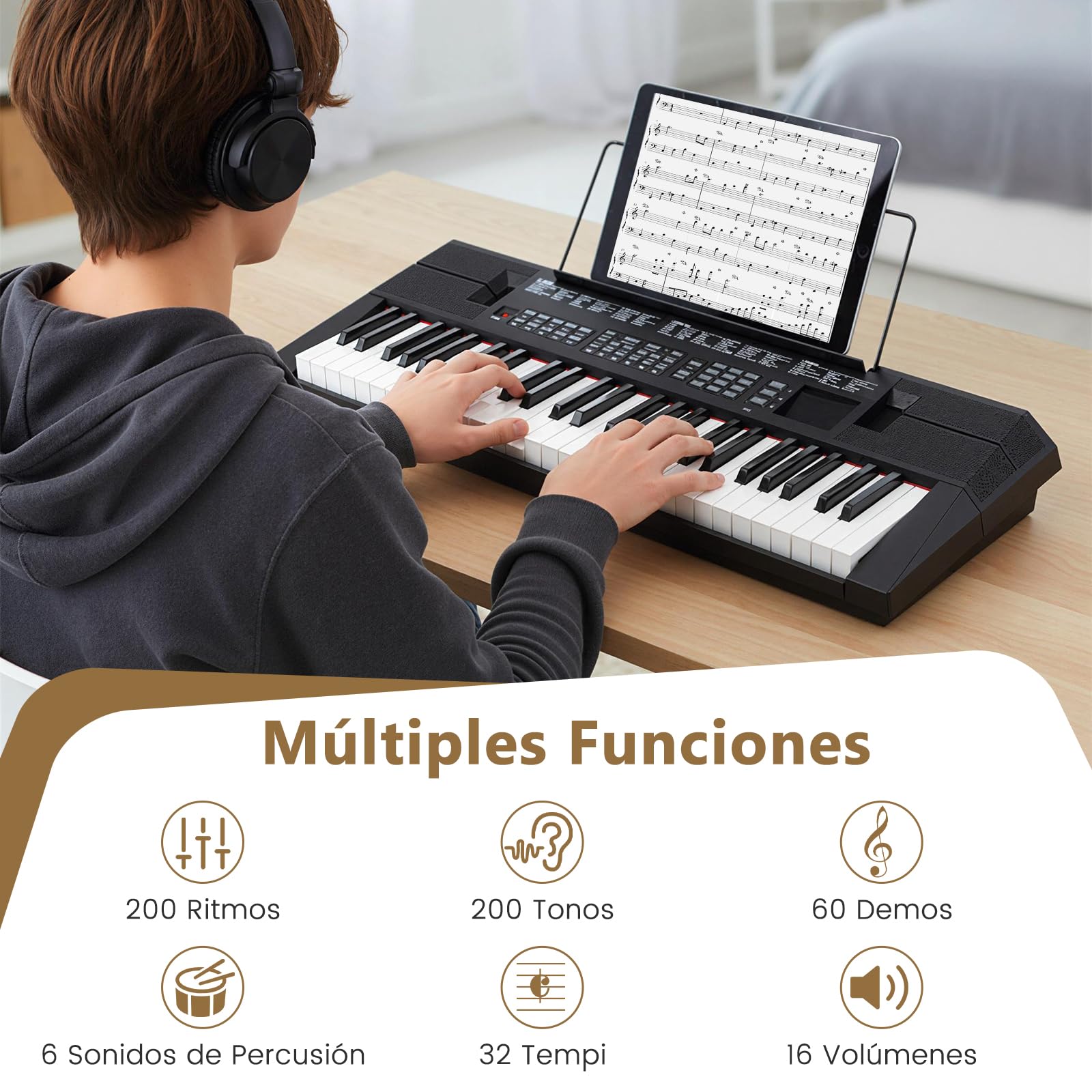 COSTWAY Piano Electrico, Teclado de Piano de 54 Teclas Multifunción para Principiantes, Kit de Teclado Eléctrico con 200 Ritmos y 200 Tonos, 60 Demostraciones, Atril, Instrumento para Niños y Adultos